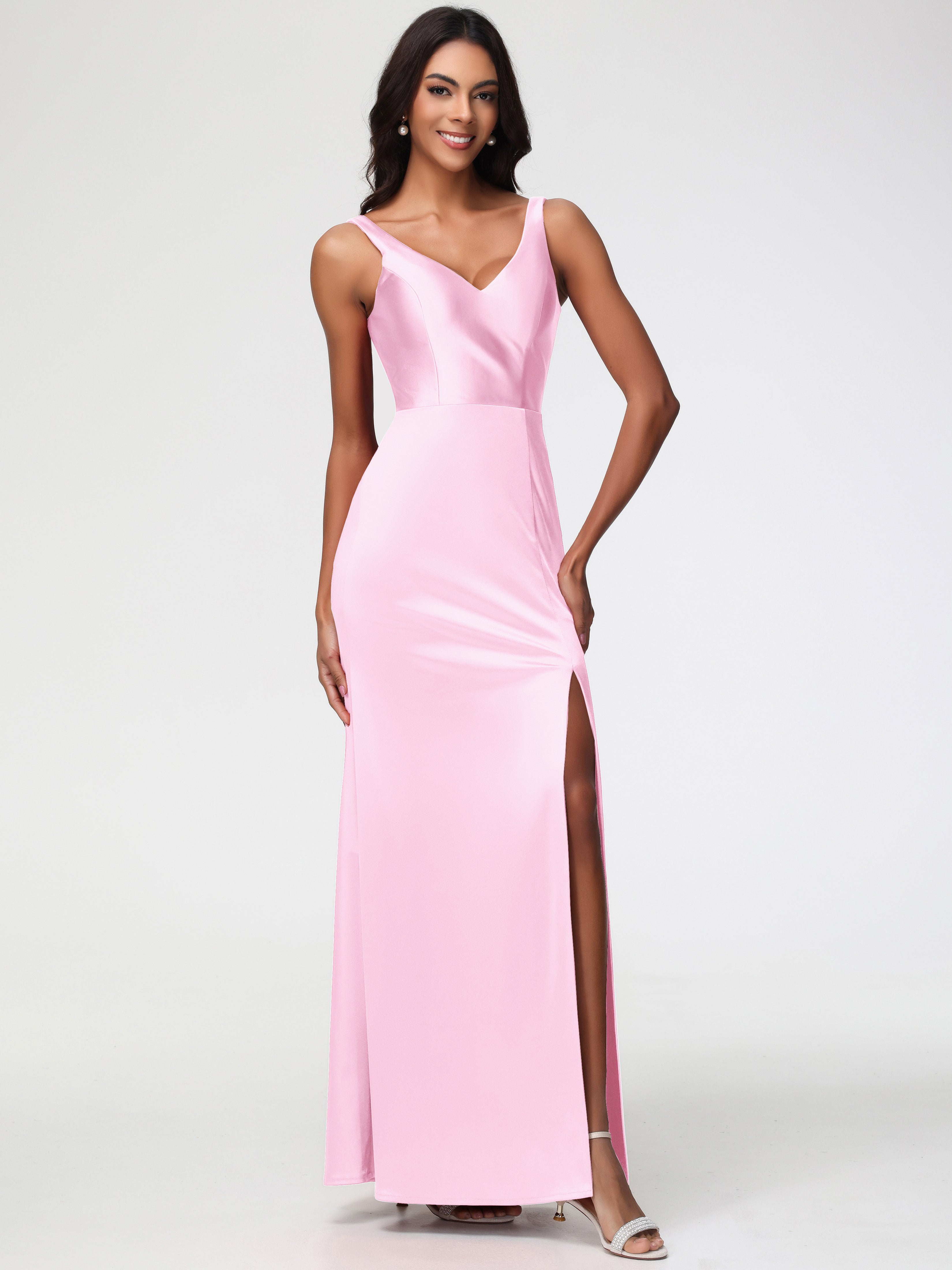 Robe Demoiselle Dhonneur Rose Pale Col V Fourreau/Colonne Satin Extensible Fendue Robe De Demoiselle D'Honneur