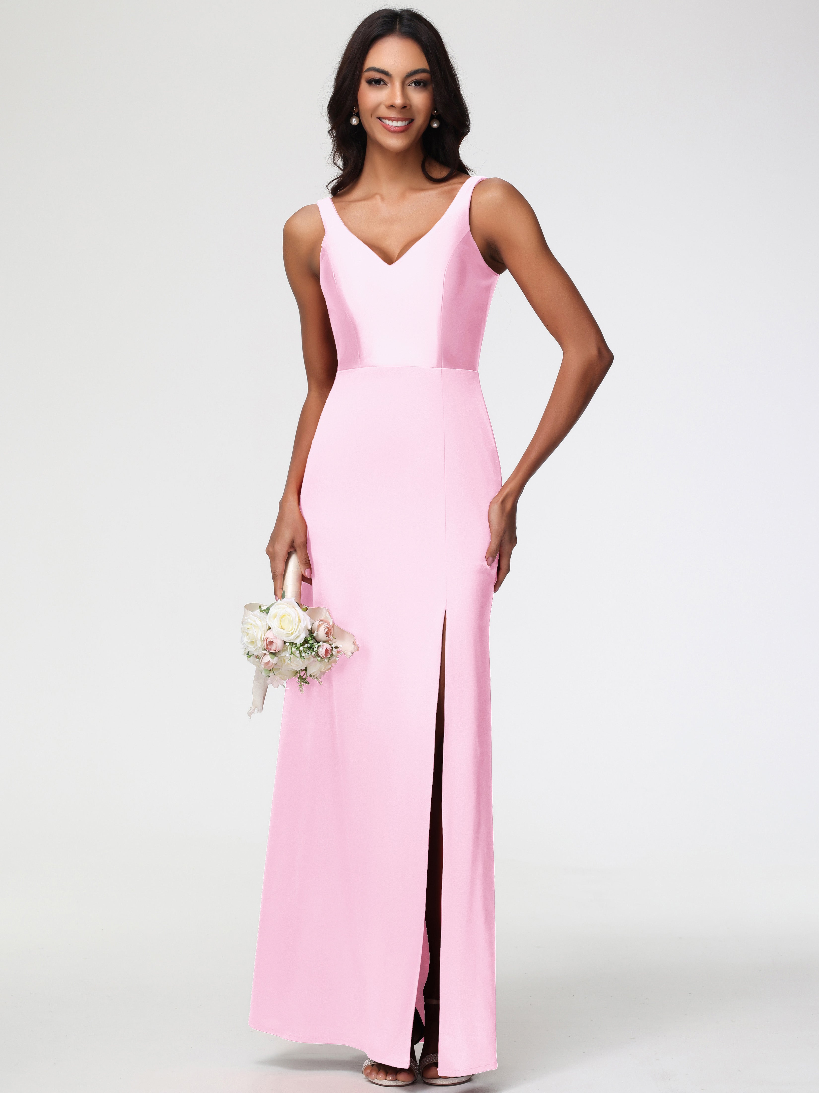Robe Demoiselle Dhonneur Rose Pale Col V Fourreau/Colonne Satin Extensible Fendue Robe De Demoiselle D'Honneur