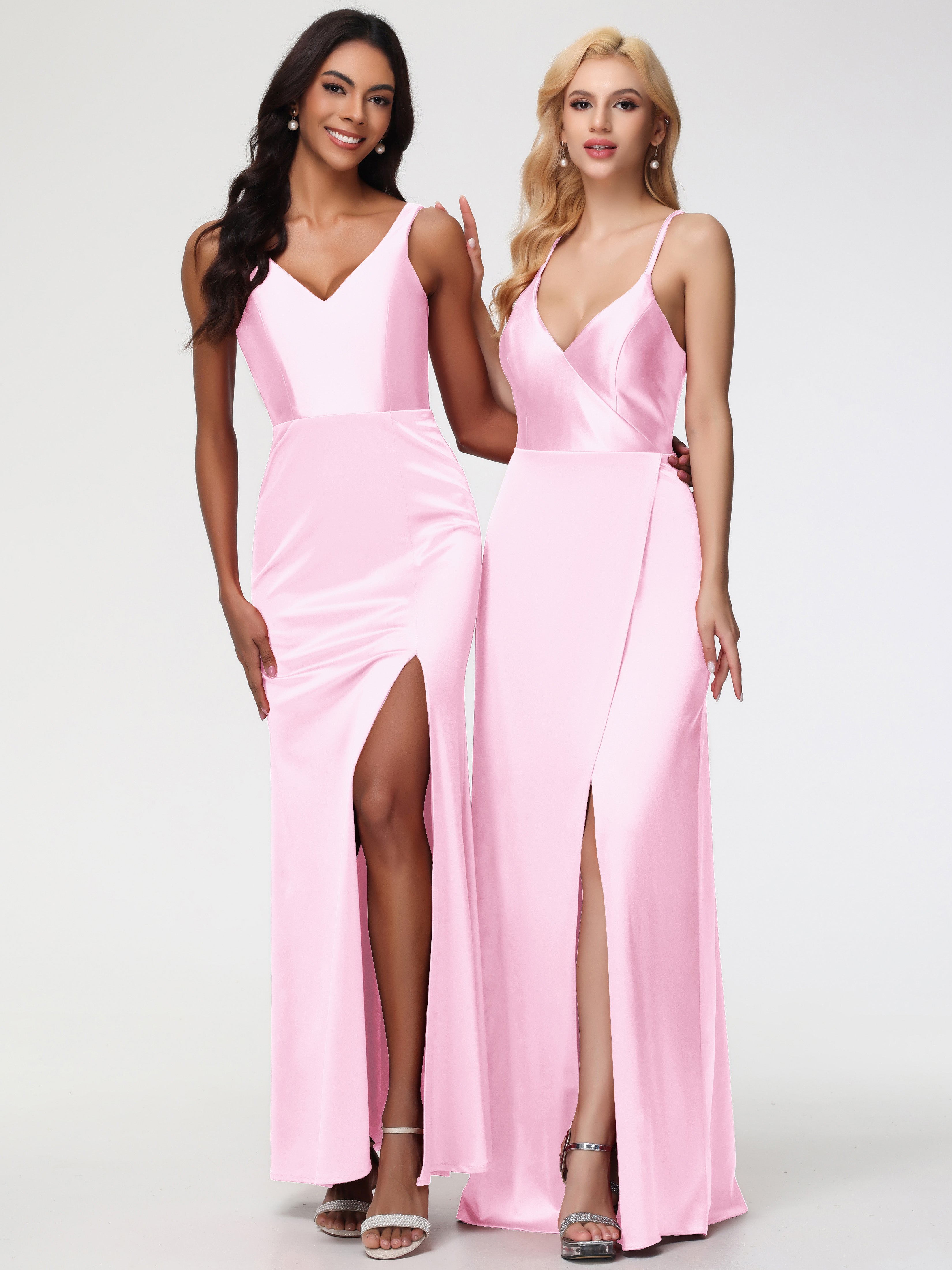Robe Demoiselle Dhonneur Rose Pale Col V Fourreau/Colonne Satin Extensible Fendue Robe De Demoiselle D'Honneur