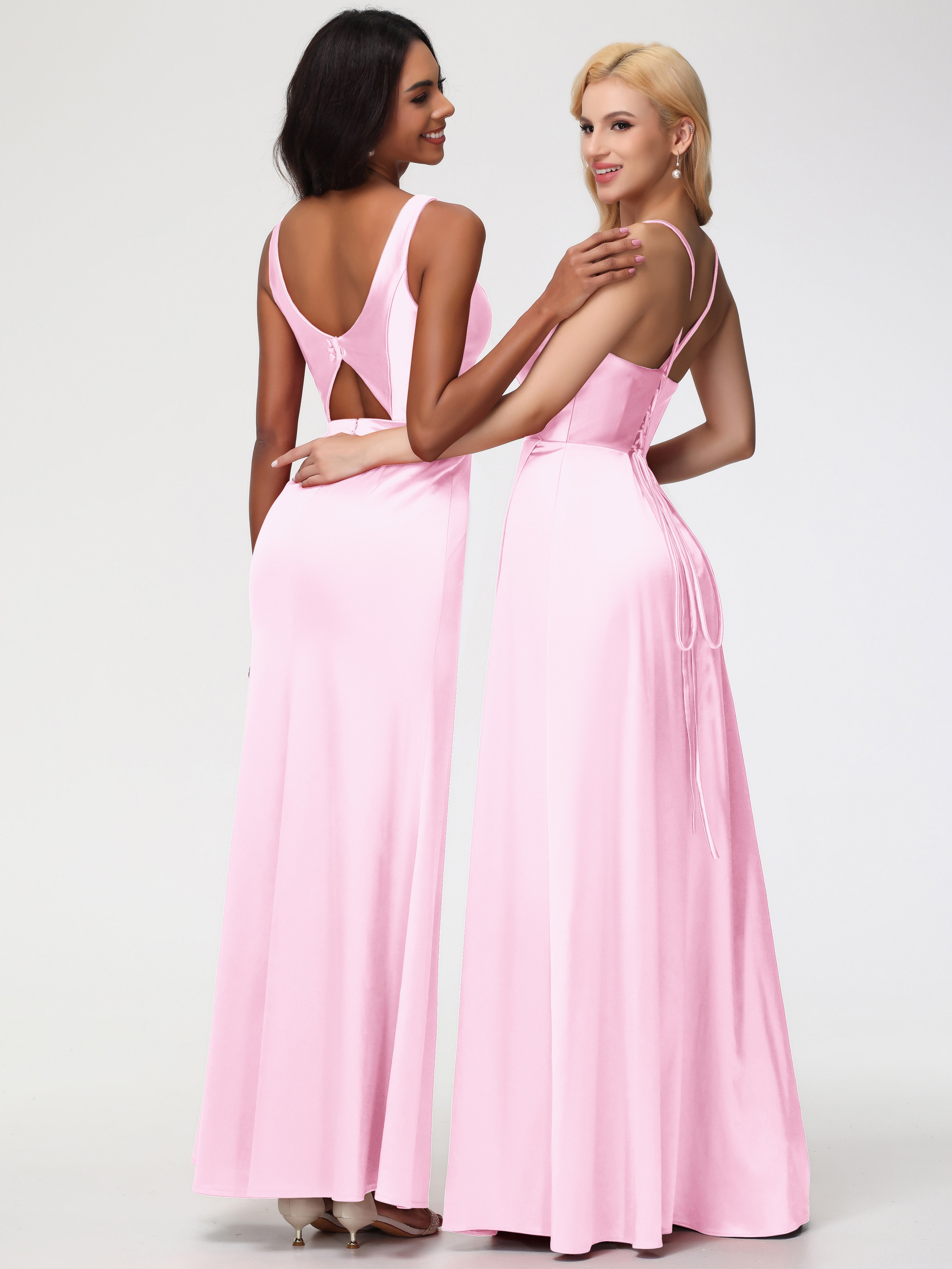 Robe Demoiselle Dhonneur Rose Pale Col V Fourreau/Colonne Satin Extensible Fendue Robe De Demoiselle D'Honneur