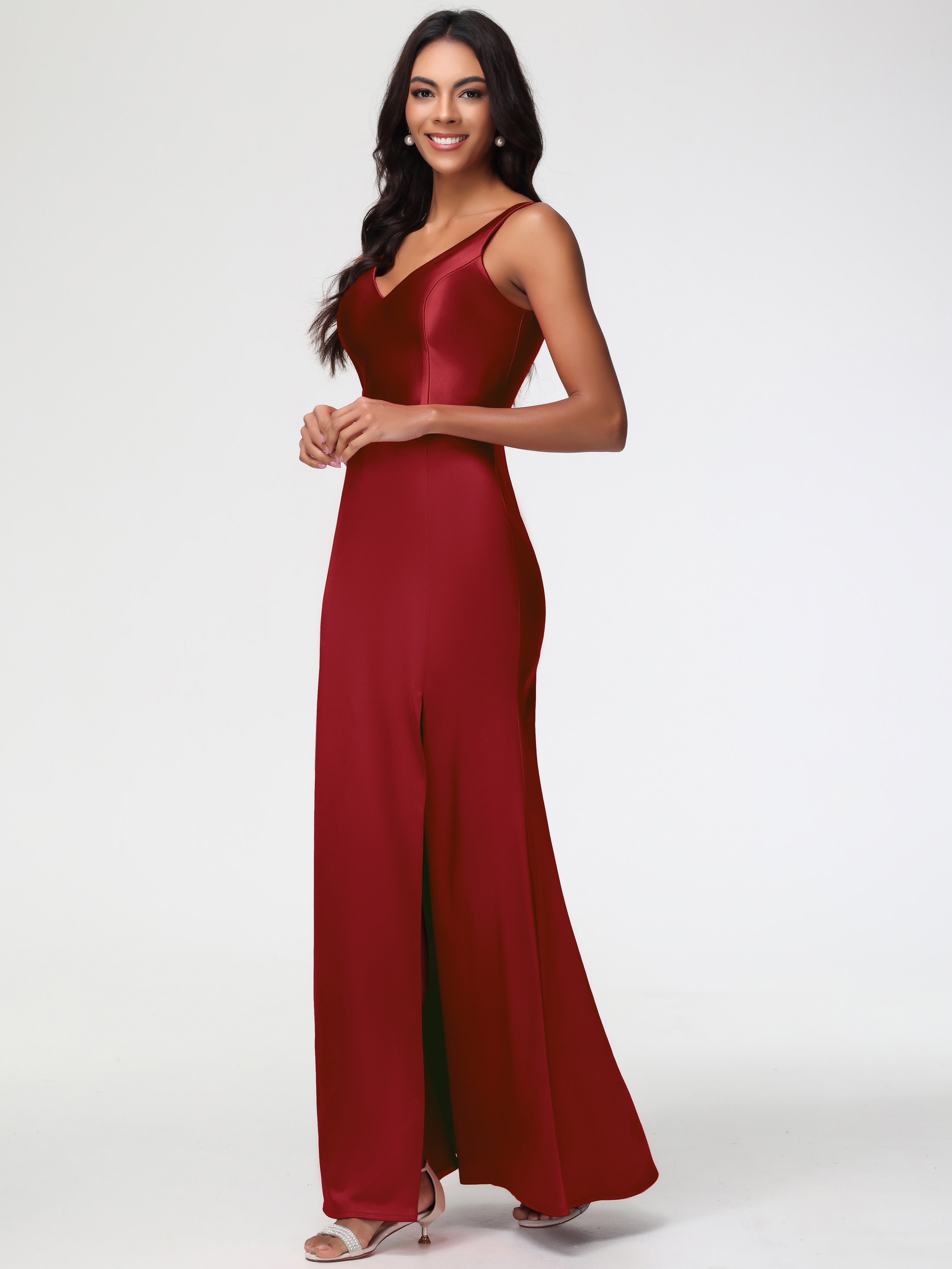 Robe De Demoiselle D Honneur Bordeaux Col V Fourreau/Colonne Satin Extensible Fendue Robe De Demoiselle D'Honneur