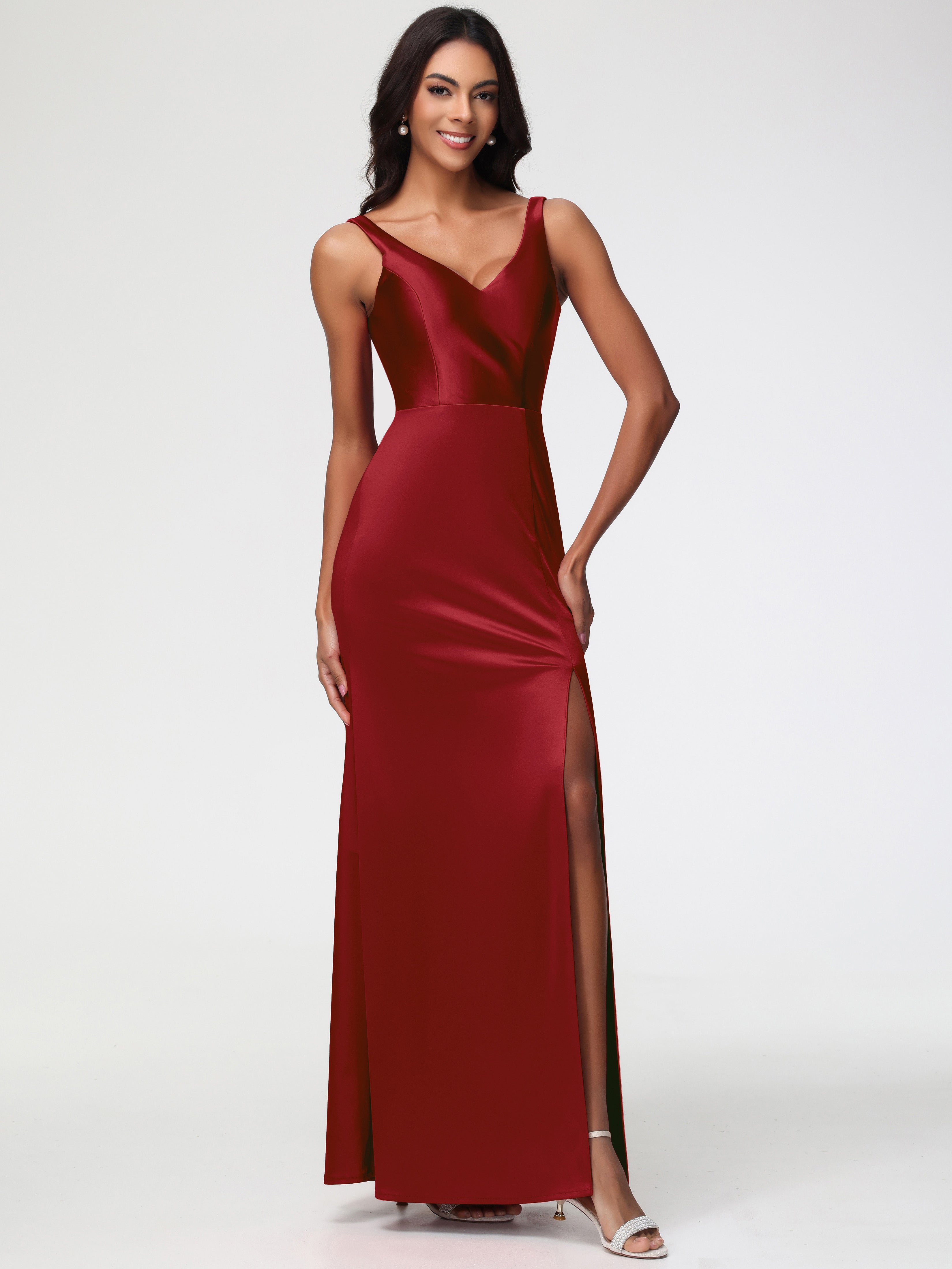 Robe De Demoiselle D Honneur Bordeaux Col V Fourreau/Colonne Satin Extensible Fendue Robe De Demoiselle D'Honneur