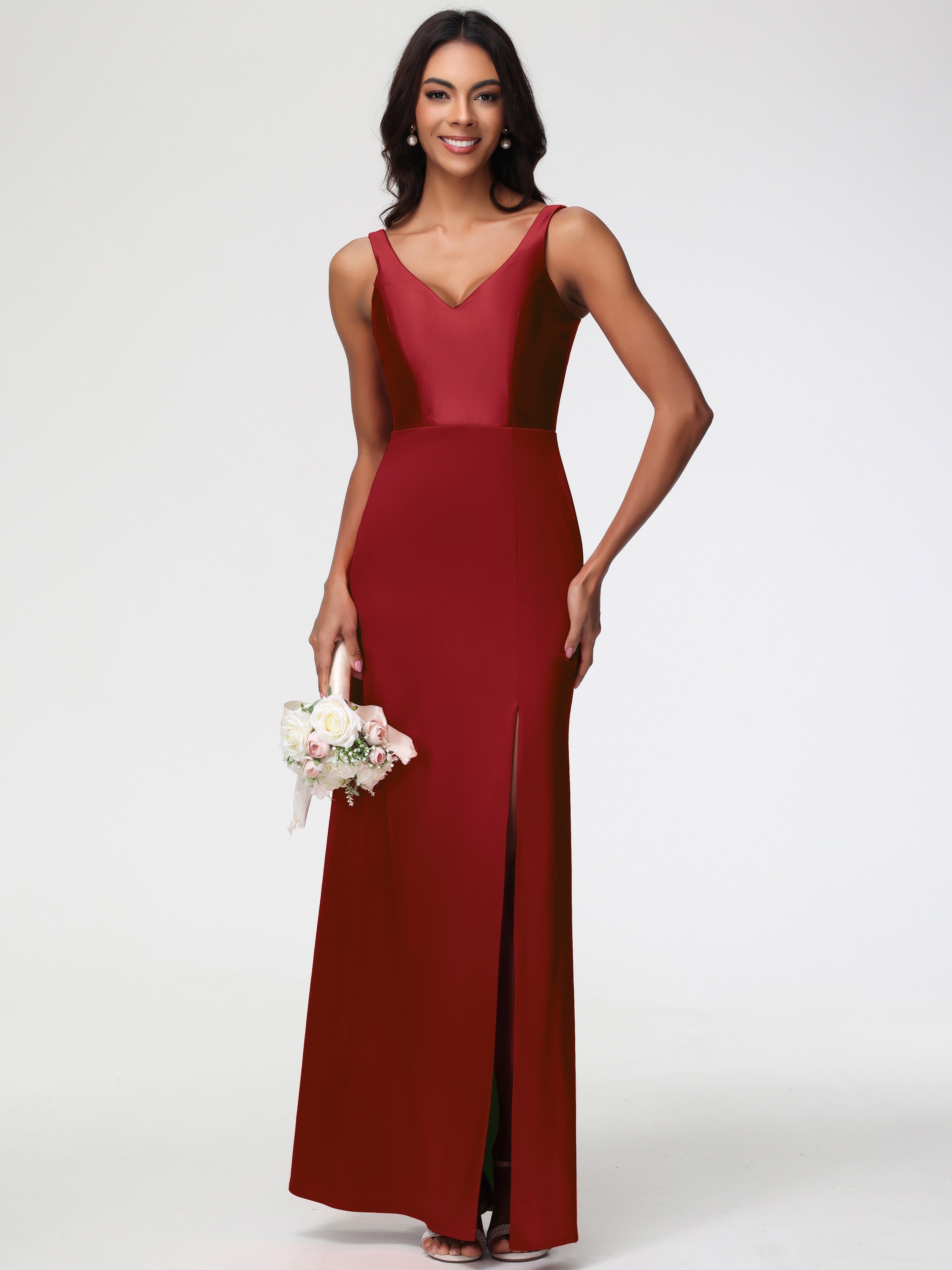 Robe De Demoiselle D Honneur Bordeaux Col V Fourreau/Colonne Satin Extensible Fendue Robe De Demoiselle D'Honneur