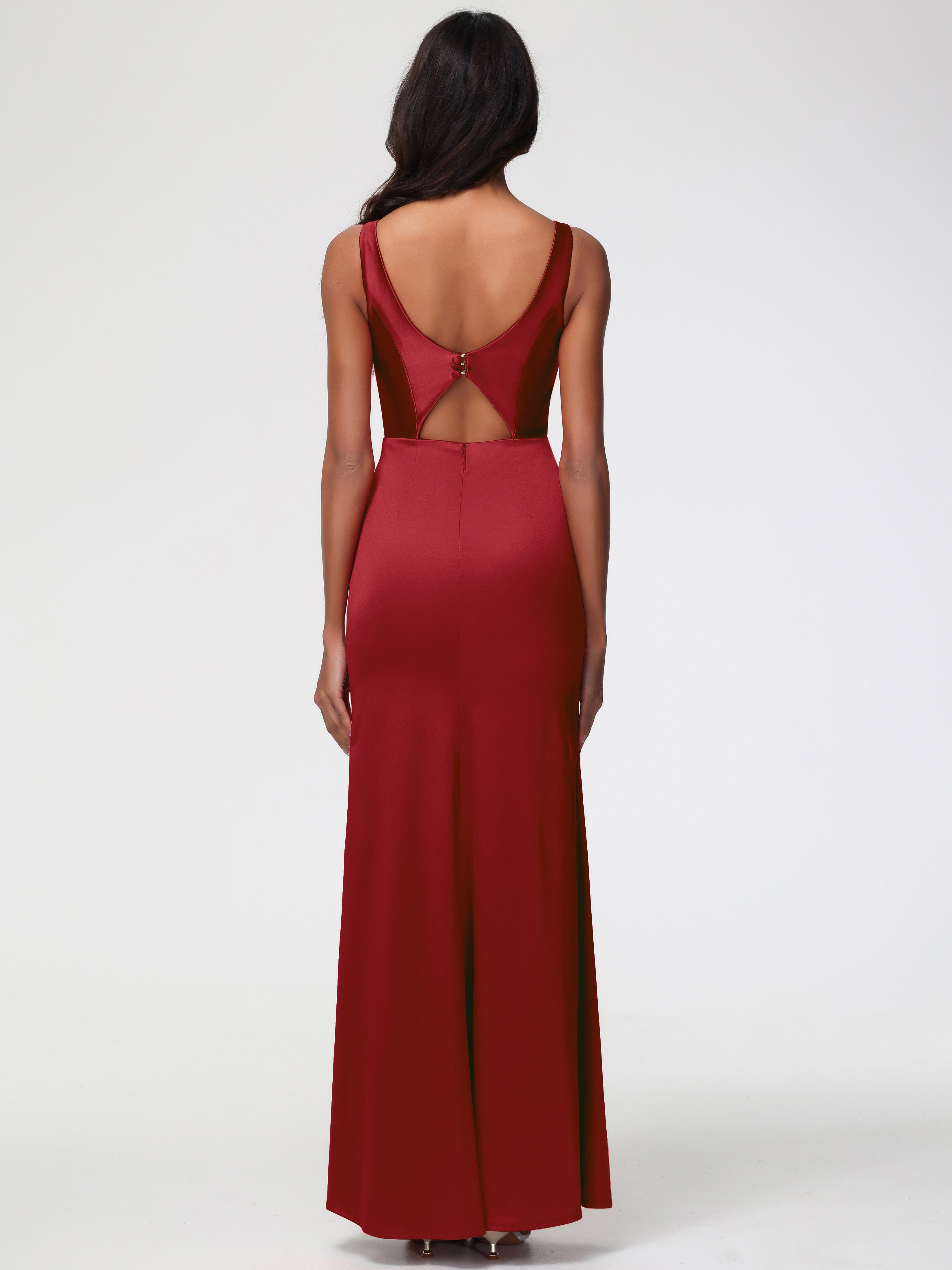 Robe De Demoiselle D Honneur Bordeaux Col V Fourreau/Colonne Satin Extensible Fendue Robe De Demoiselle D'Honneur