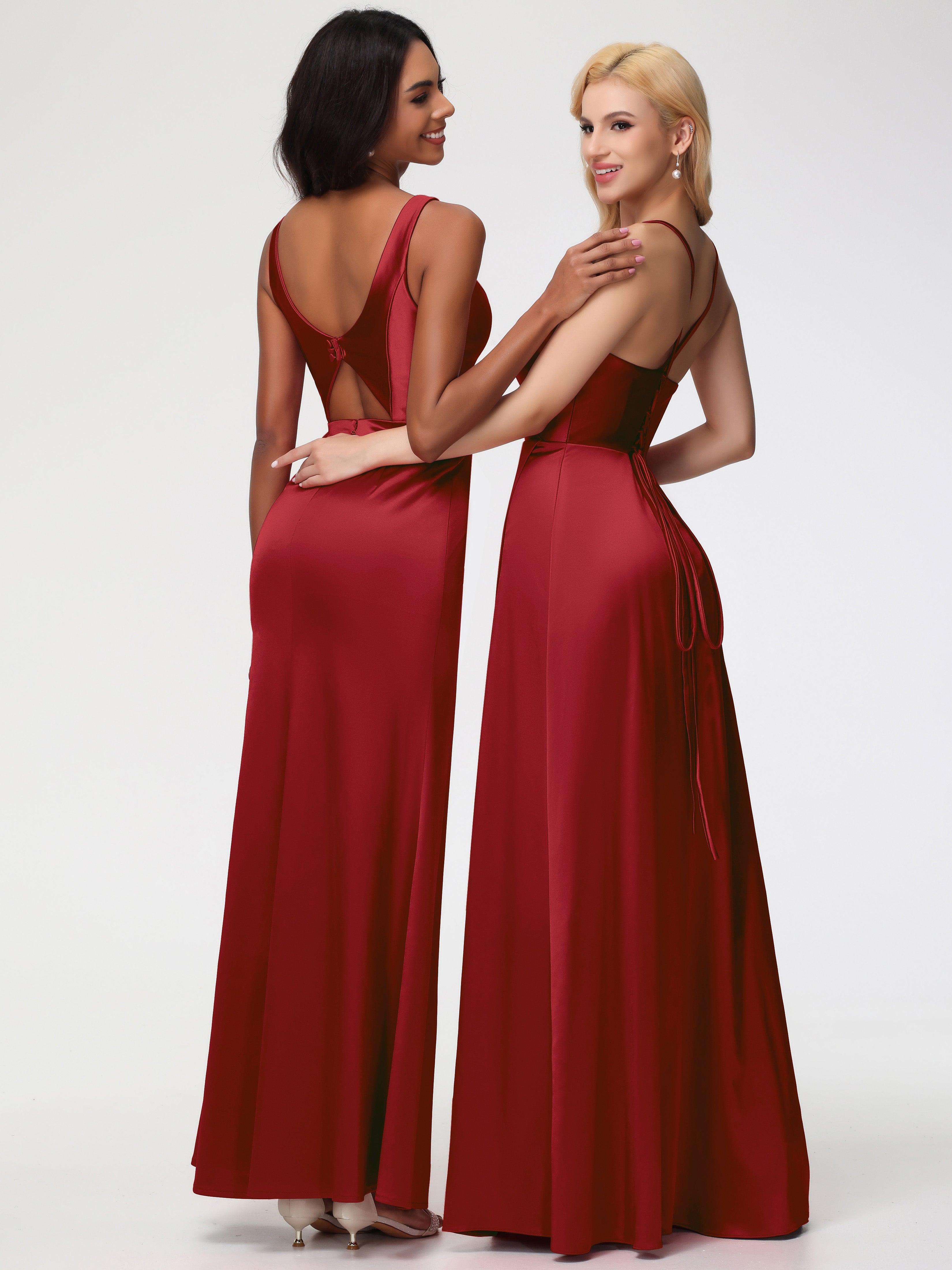 Robe De Demoiselle D Honneur Bordeaux Col V Fourreau/Colonne Satin Extensible Fendue Robe De Demoiselle D'Honneur