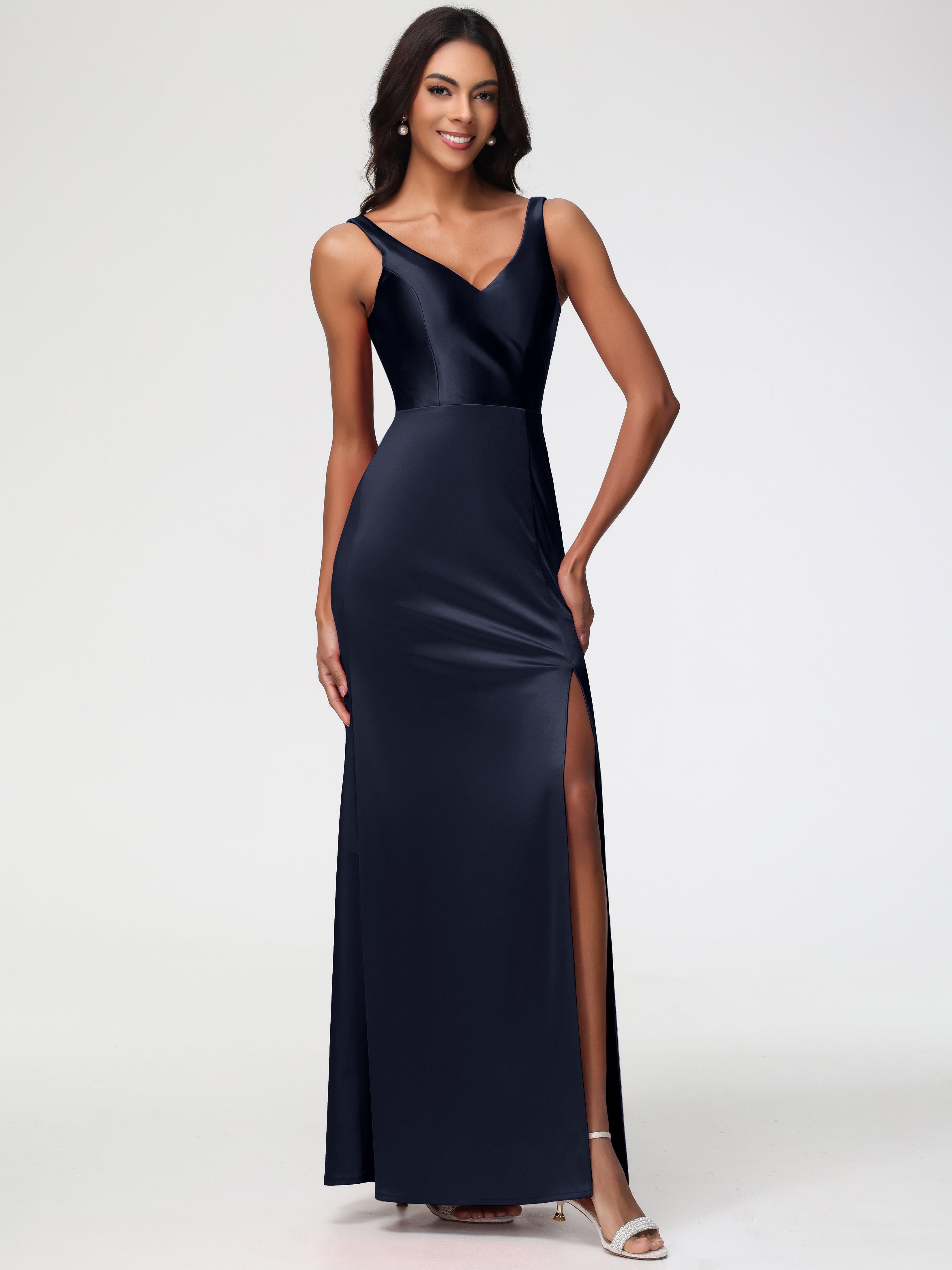 Robe Demoiselle D Honneur Bleue Marine Col V Fourreau/Colonne Satin Extensible Fendue Robe De Demoiselle D'Honneur