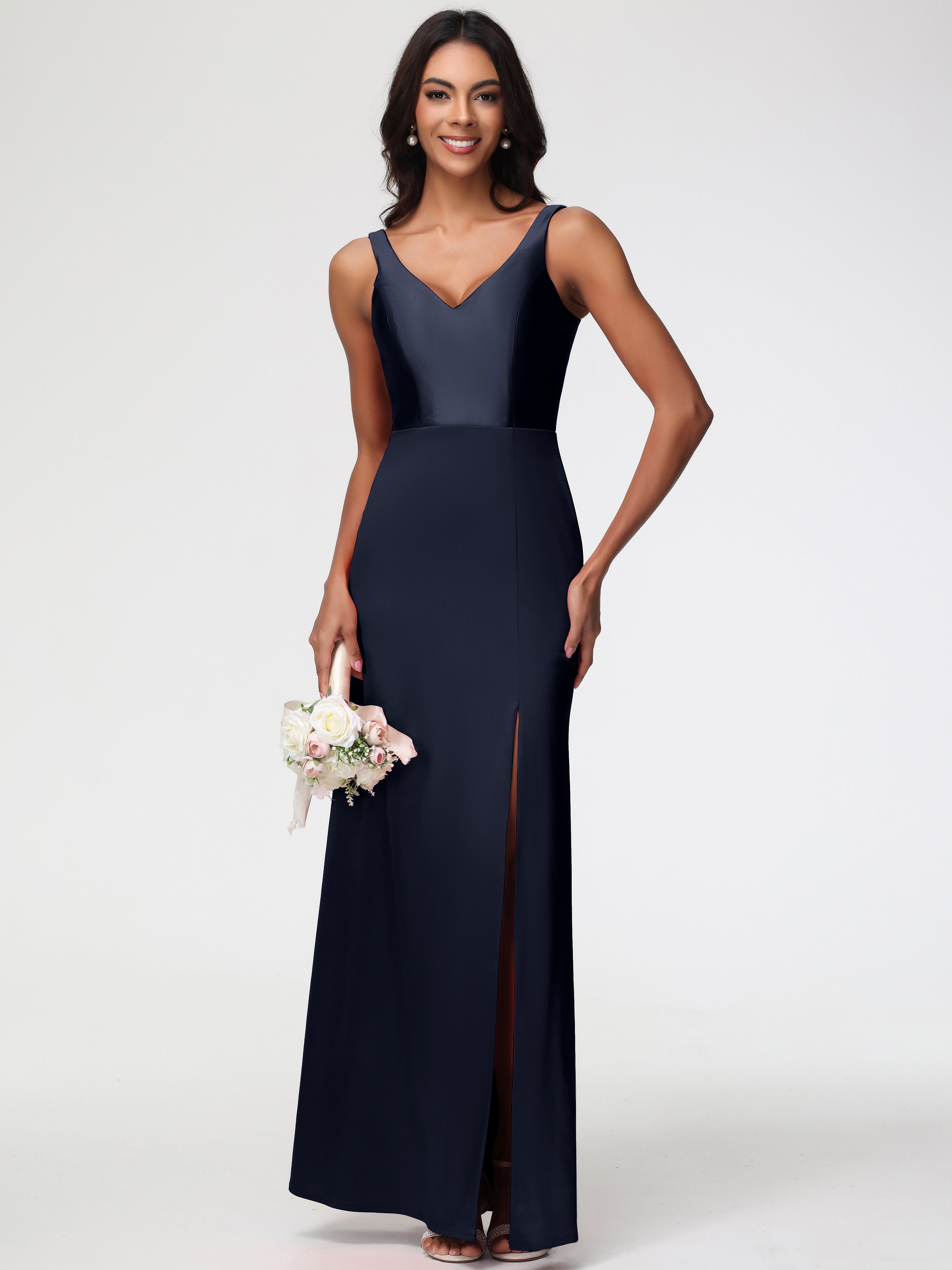 Robe Demoiselle D Honneur Bleue Marine Col V Fourreau/Colonne Satin Extensible Fendue Robe De Demoiselle D'Honneur