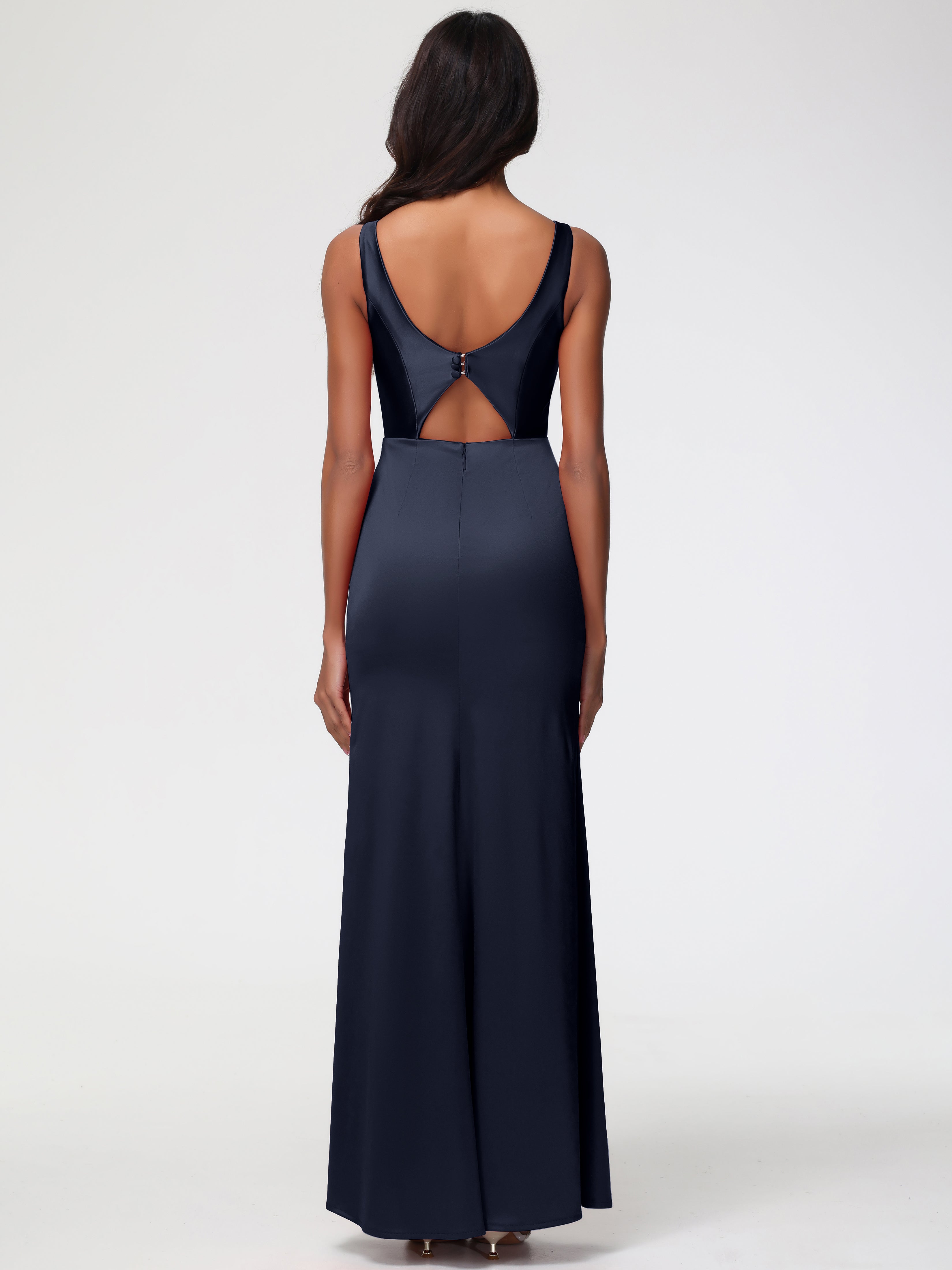 Robe Demoiselle D Honneur Bleue Marine Col V Fourreau/Colonne Satin Extensible Fendue Robe De Demoiselle D'Honneur