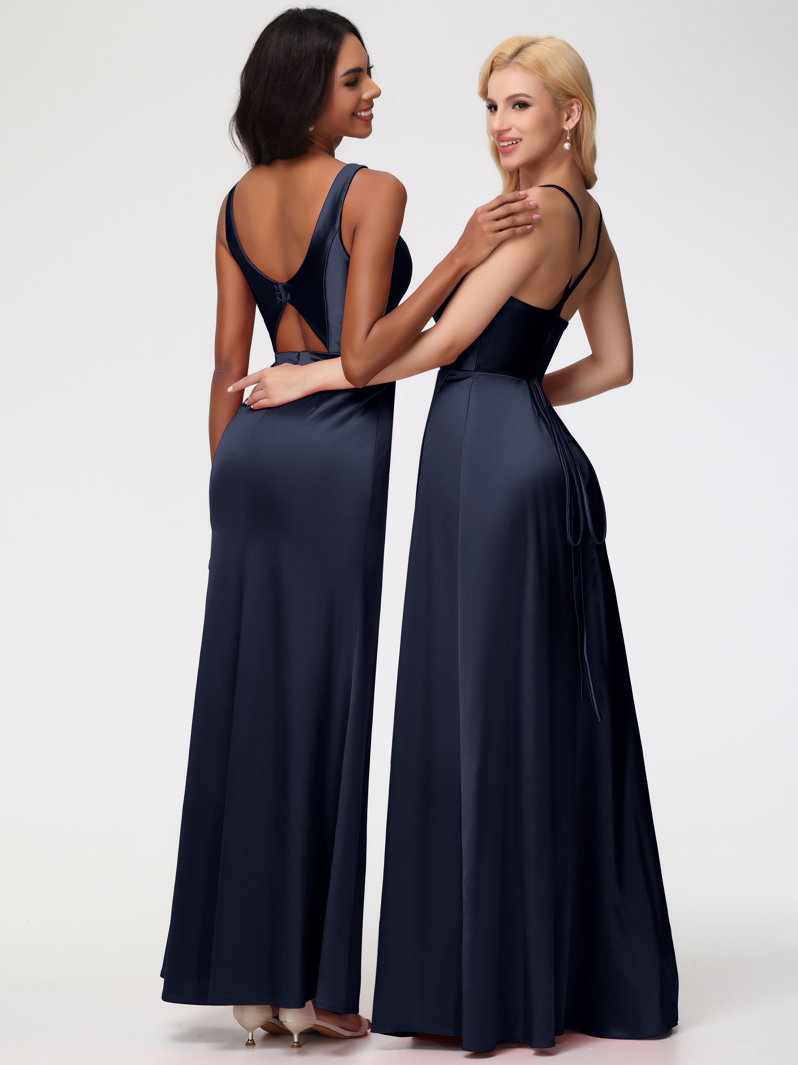 Robe Demoiselle D Honneur Bleue Marine Col V Fourreau/Colonne Satin Extensible Fendue Robe De Demoiselle D'Honneur