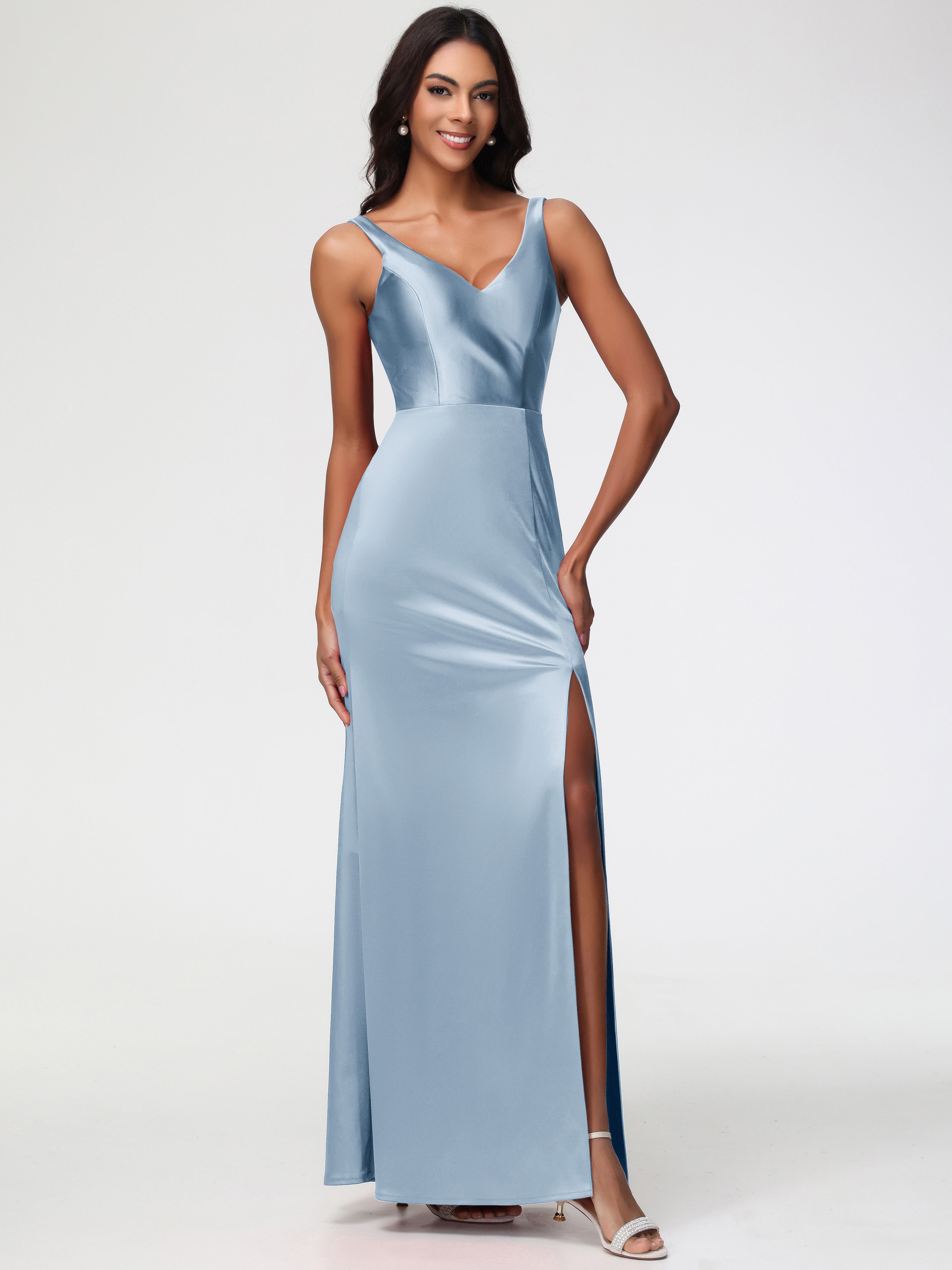 Robe Demoiselle D Honneur Bleu Poussiereux Col V Fourreau/Colonne Satin Extensible Fendue Robe De Demoiselle D'Honneur