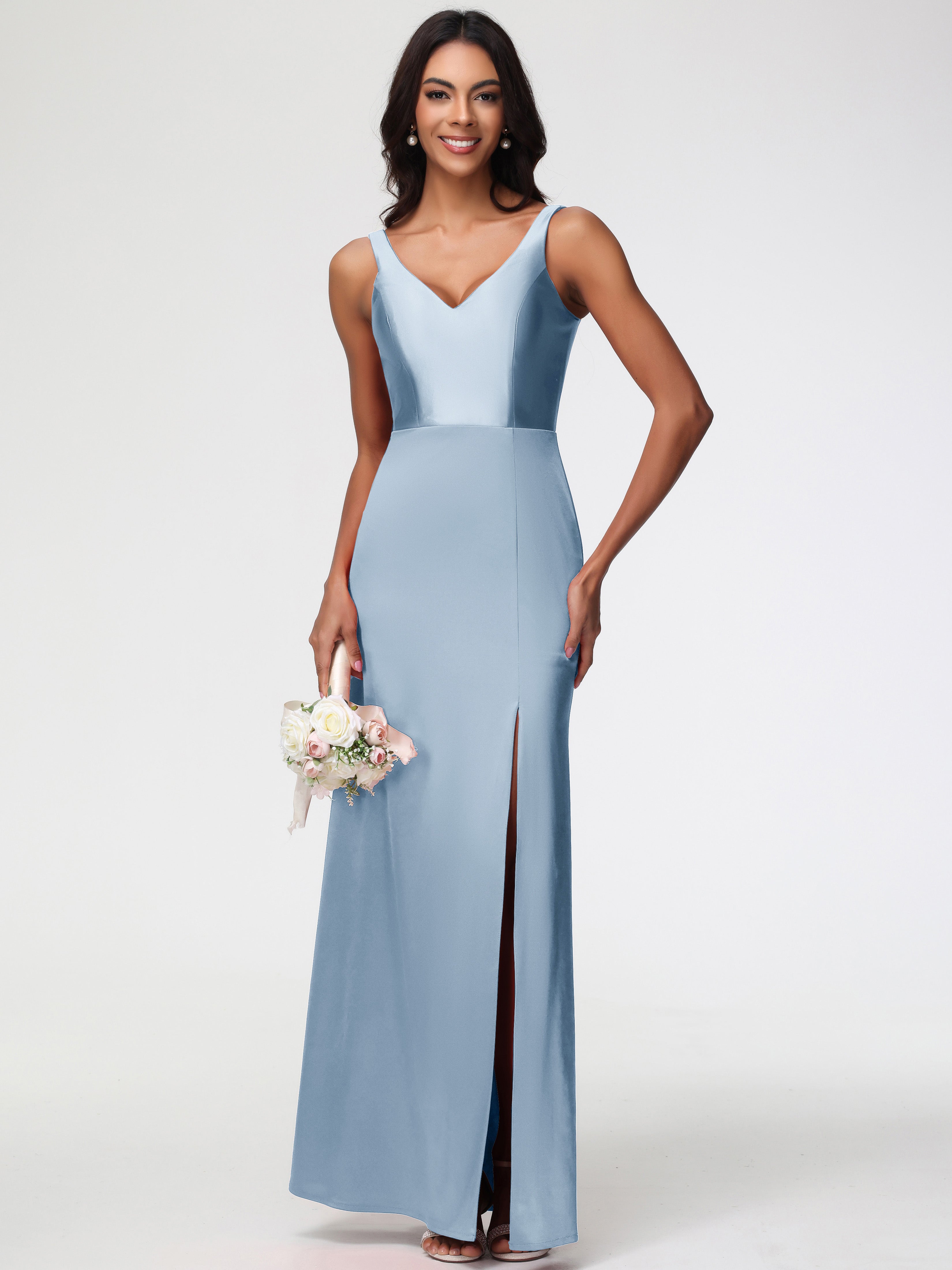 Robe Demoiselle D Honneur Bleu Poussiereux Col V Fourreau/Colonne Satin Extensible Fendue Robe De Demoiselle D'Honneur