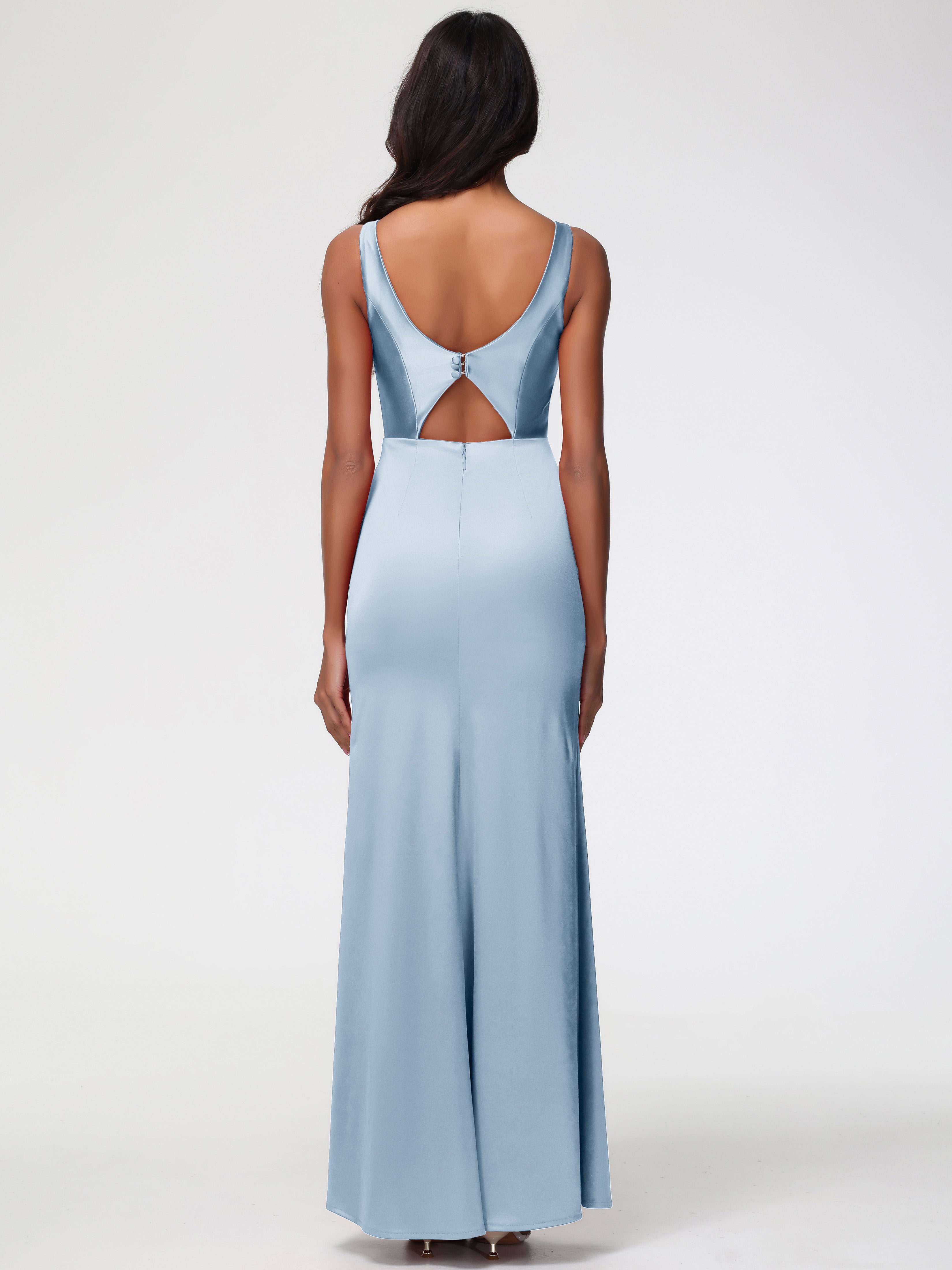 Robe Demoiselle D Honneur Bleu Poussiereux Col V Fourreau/Colonne Satin Extensible Fendue Robe De Demoiselle D'Honneur