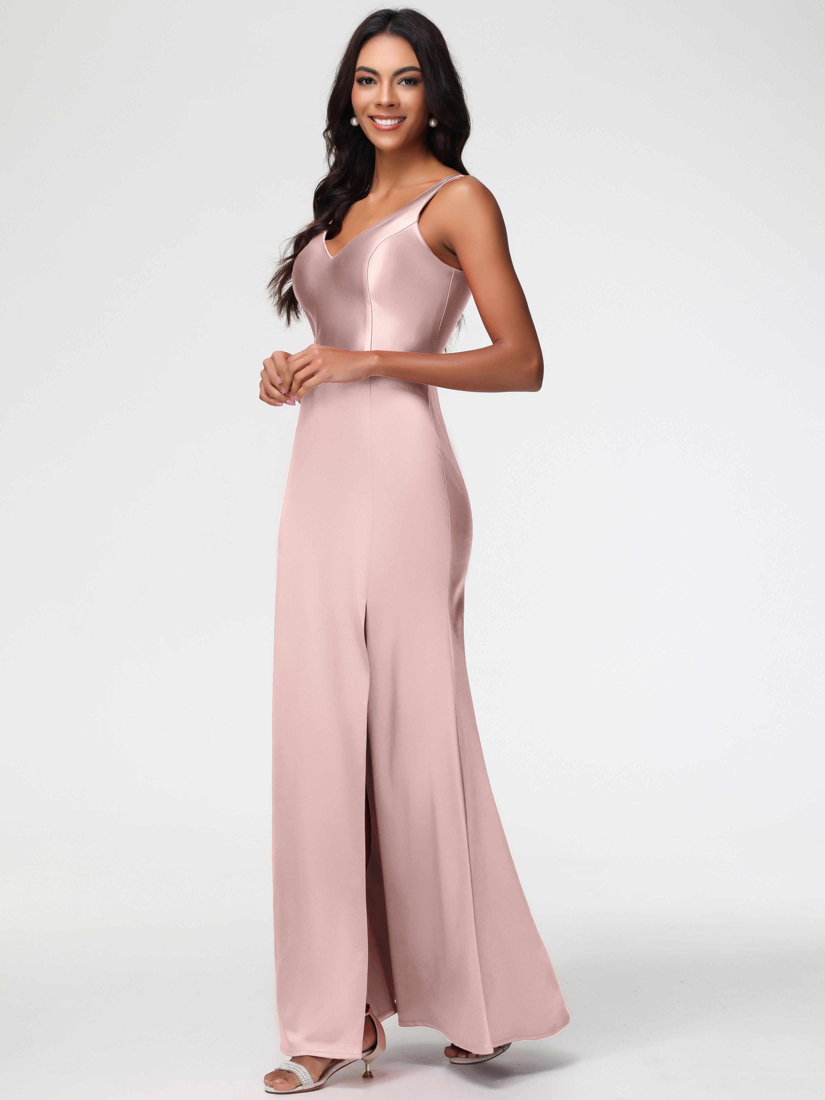 Robe Rose Poudré Mariage Demoiselle D Honneur Col V Fourreau/Colonne Satin Extensible Fendue Robe De Demoiselle D'Honneur