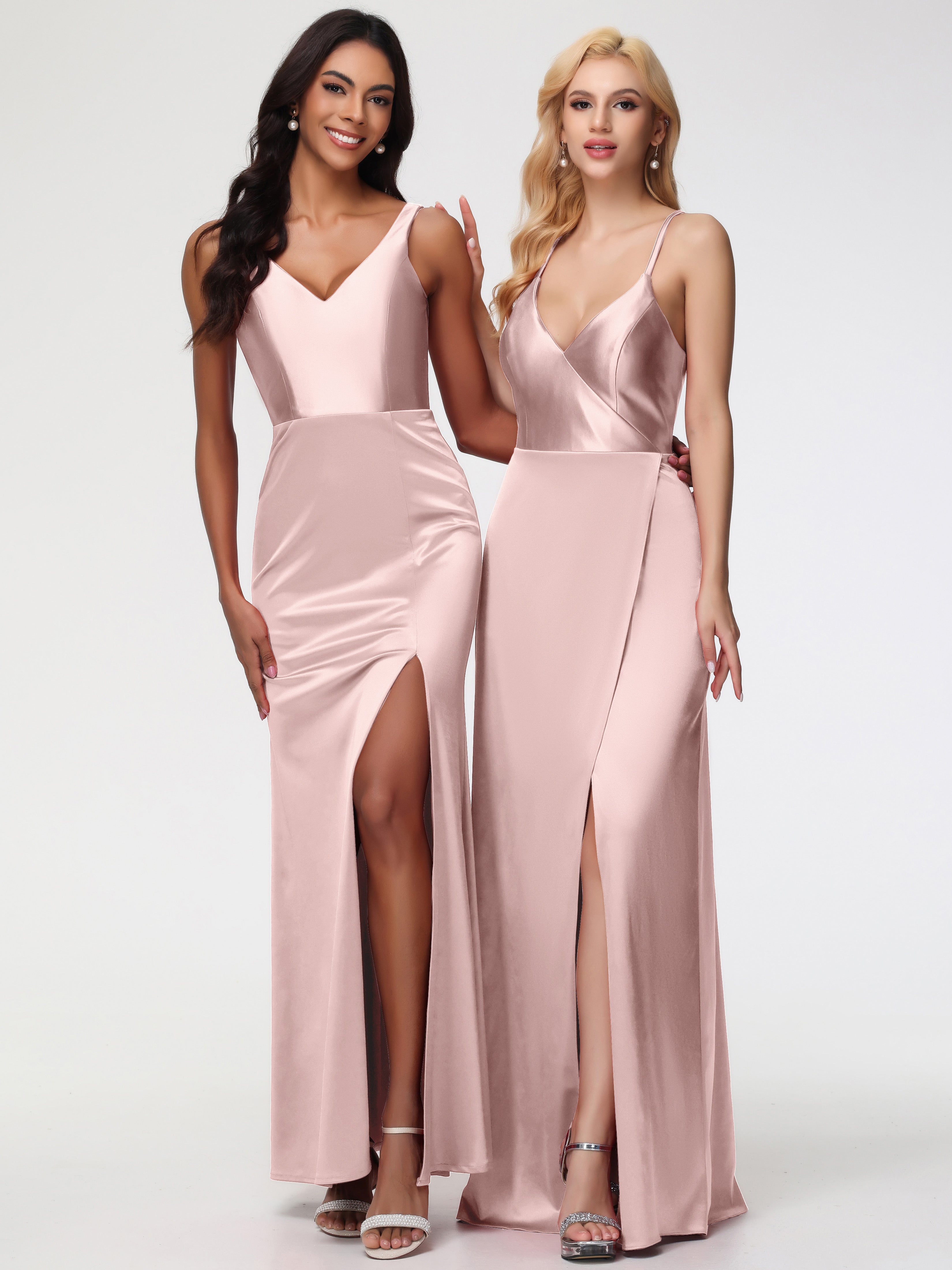 Robe Rose Poudré Mariage Demoiselle D Honneur Col V Fourreau/Colonne Satin Extensible Fendue Robe De Demoiselle D'Honneur