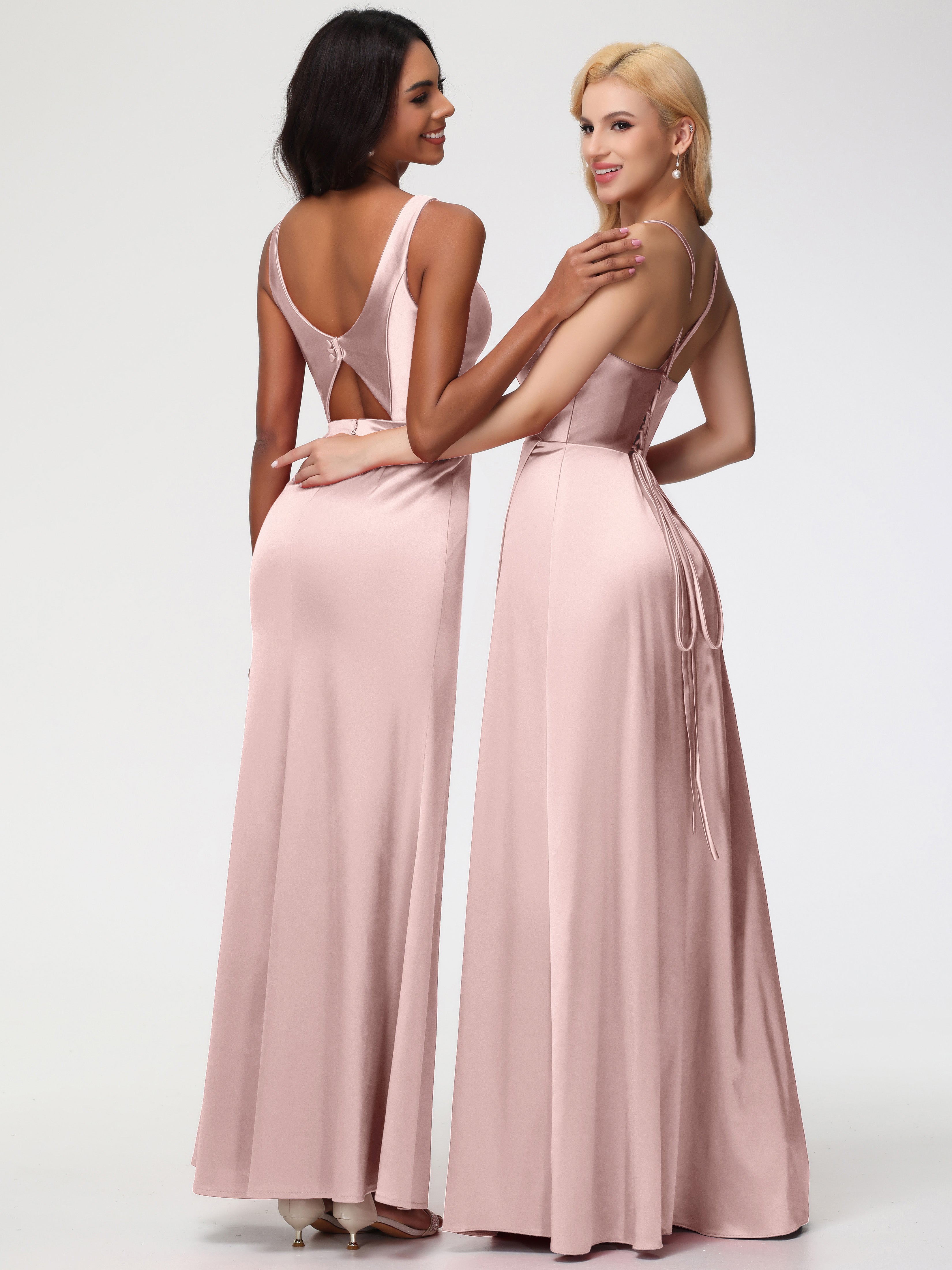 Robe Rose Poudré Mariage Demoiselle D Honneur Col V Fourreau/Colonne Satin Extensible Fendue Robe De Demoiselle D'Honneur