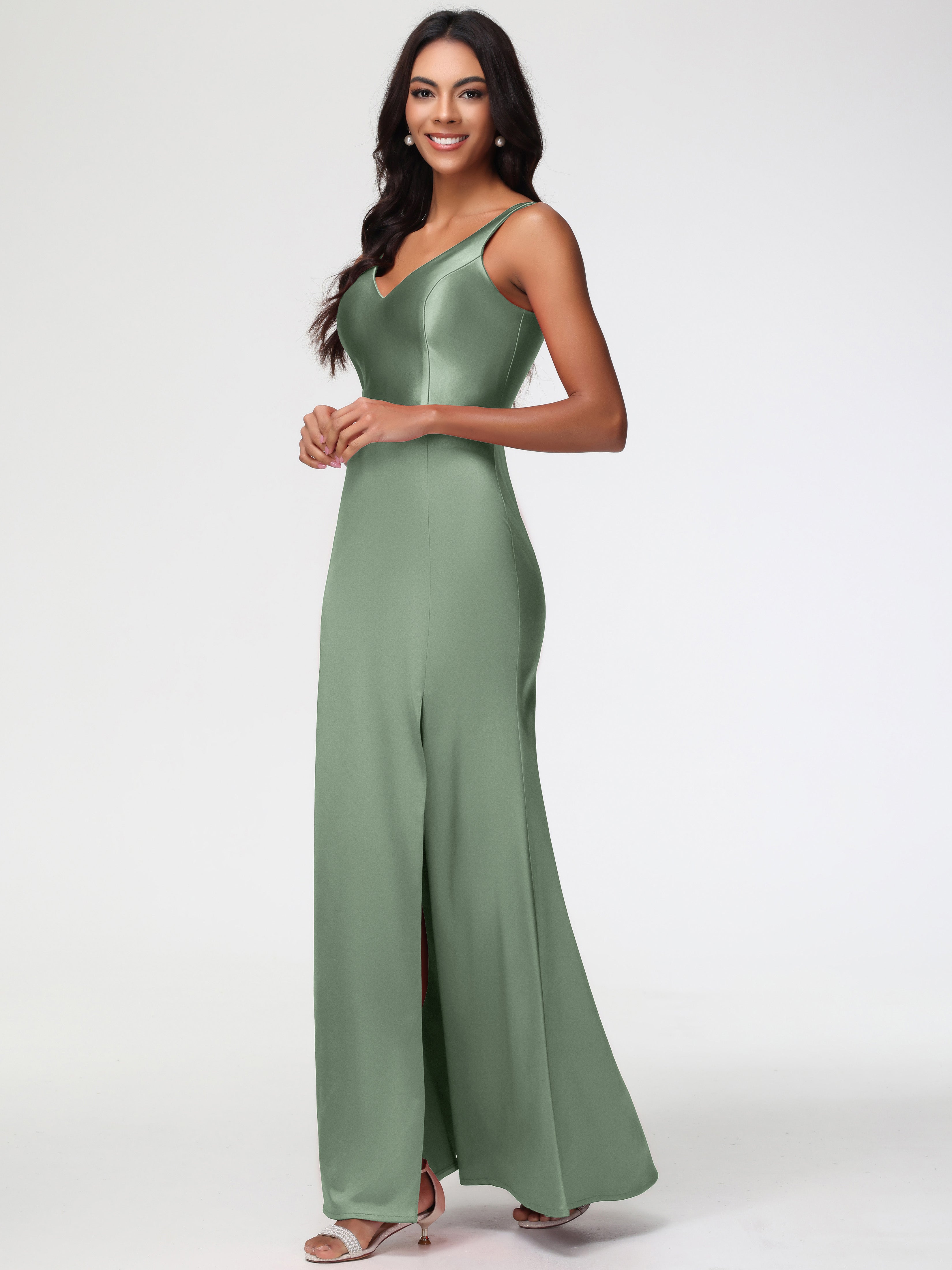 Demoiselles D'Honneur De Sauge Poussiéreuse Col V Fourreau/Colonne Satin Extensible Fendue Robe De Demoiselle D'Honneur