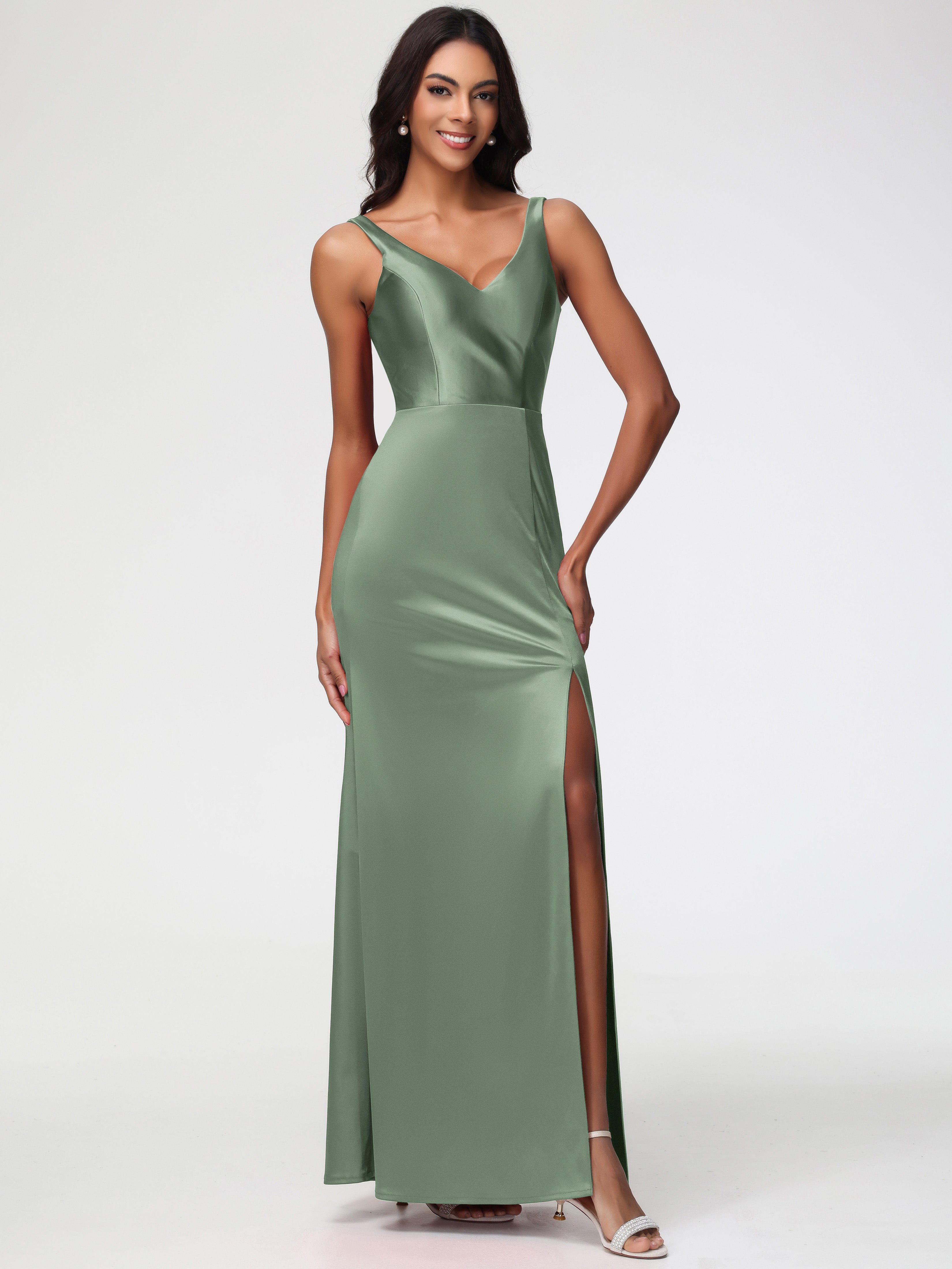 Demoiselles D'Honneur De Sauge Poussiéreuse Col V Fourreau/Colonne Satin Extensible Fendue Robe De Demoiselle D'Honneur