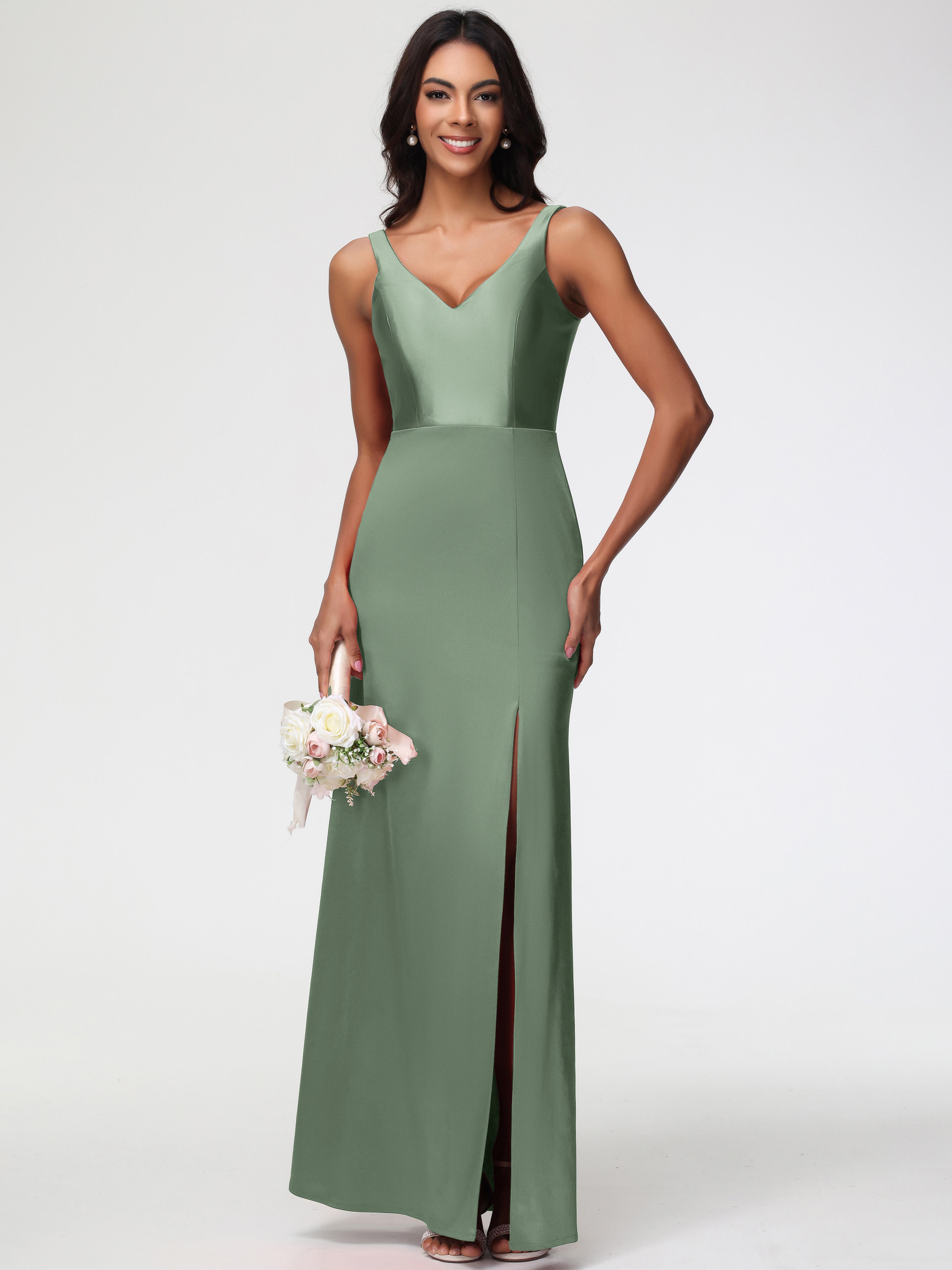 Demoiselles D'Honneur De Sauge Poussiéreuse Col V Fourreau/Colonne Satin Extensible Fendue Robe De Demoiselle D'Honneur