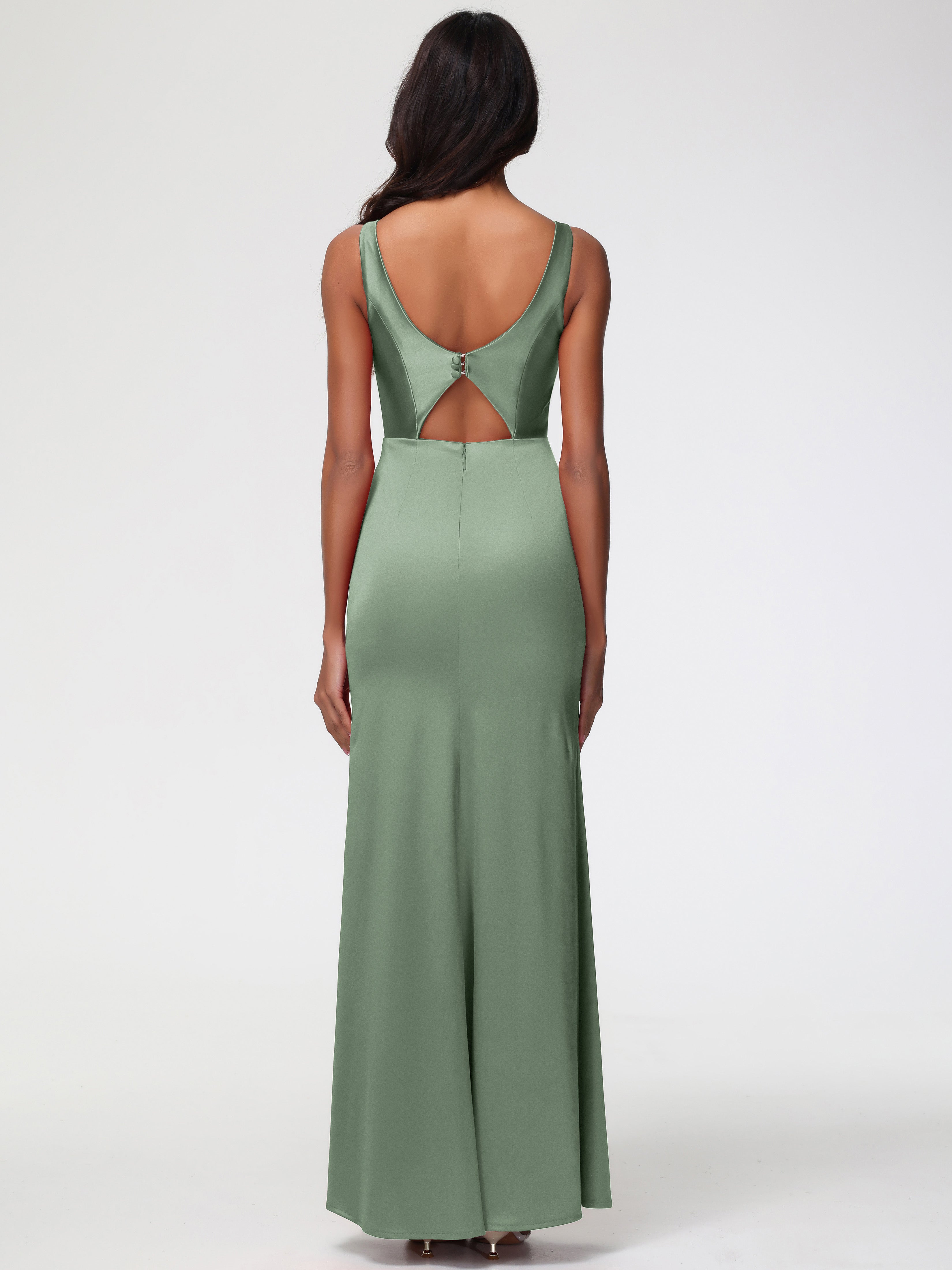 Demoiselles D'Honneur De Sauge Poussiéreuse Col V Fourreau/Colonne Satin Extensible Fendue Robe De Demoiselle D'Honneur