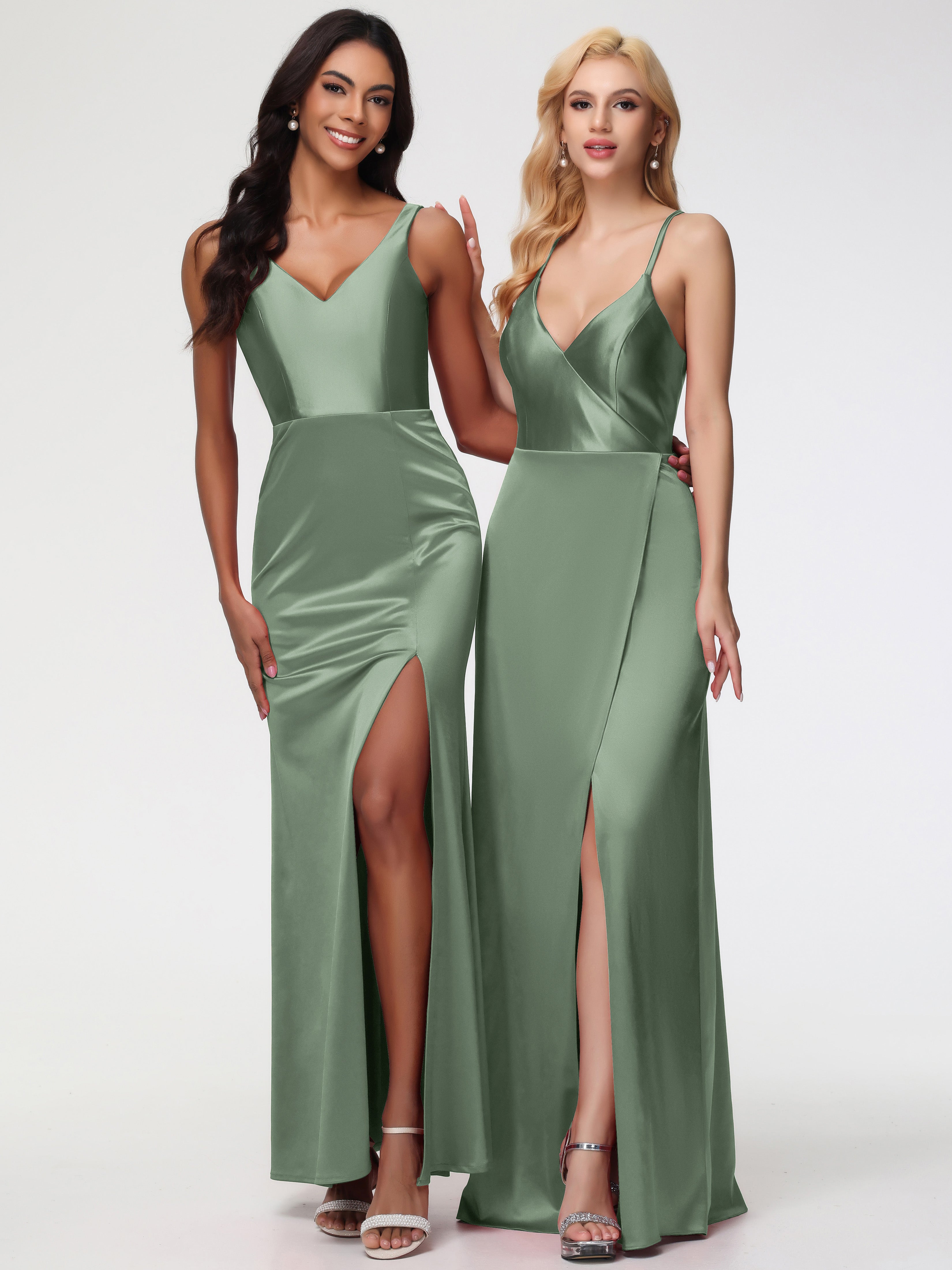 Demoiselles D'Honneur De Sauge Poussiéreuse Col V Fourreau/Colonne Satin Extensible Fendue Robe De Demoiselle D'Honneur