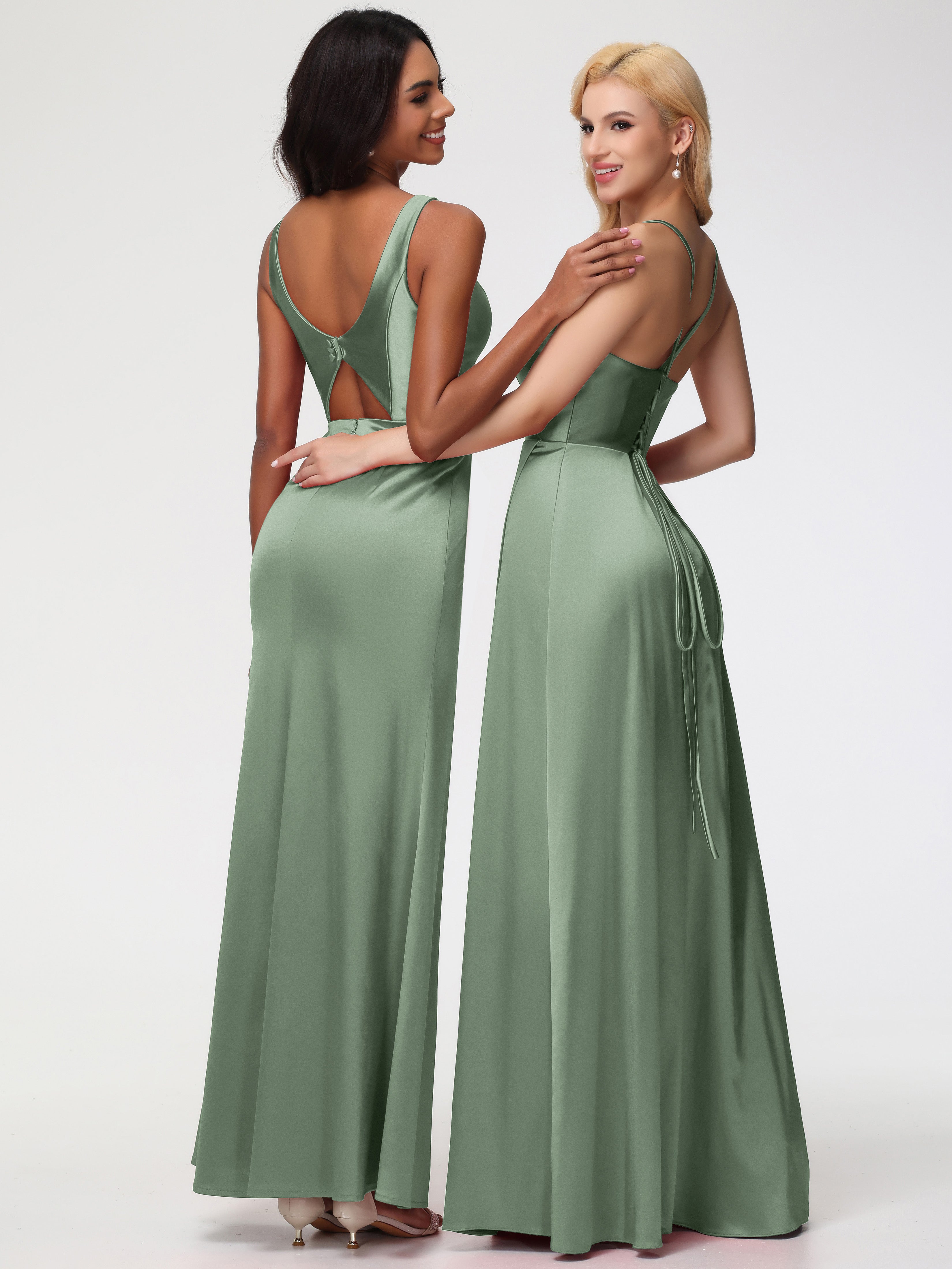 Demoiselles D'Honneur De Sauge Poussiéreuse Col V Fourreau/Colonne Satin Extensible Fendue Robe De Demoiselle D'Honneur