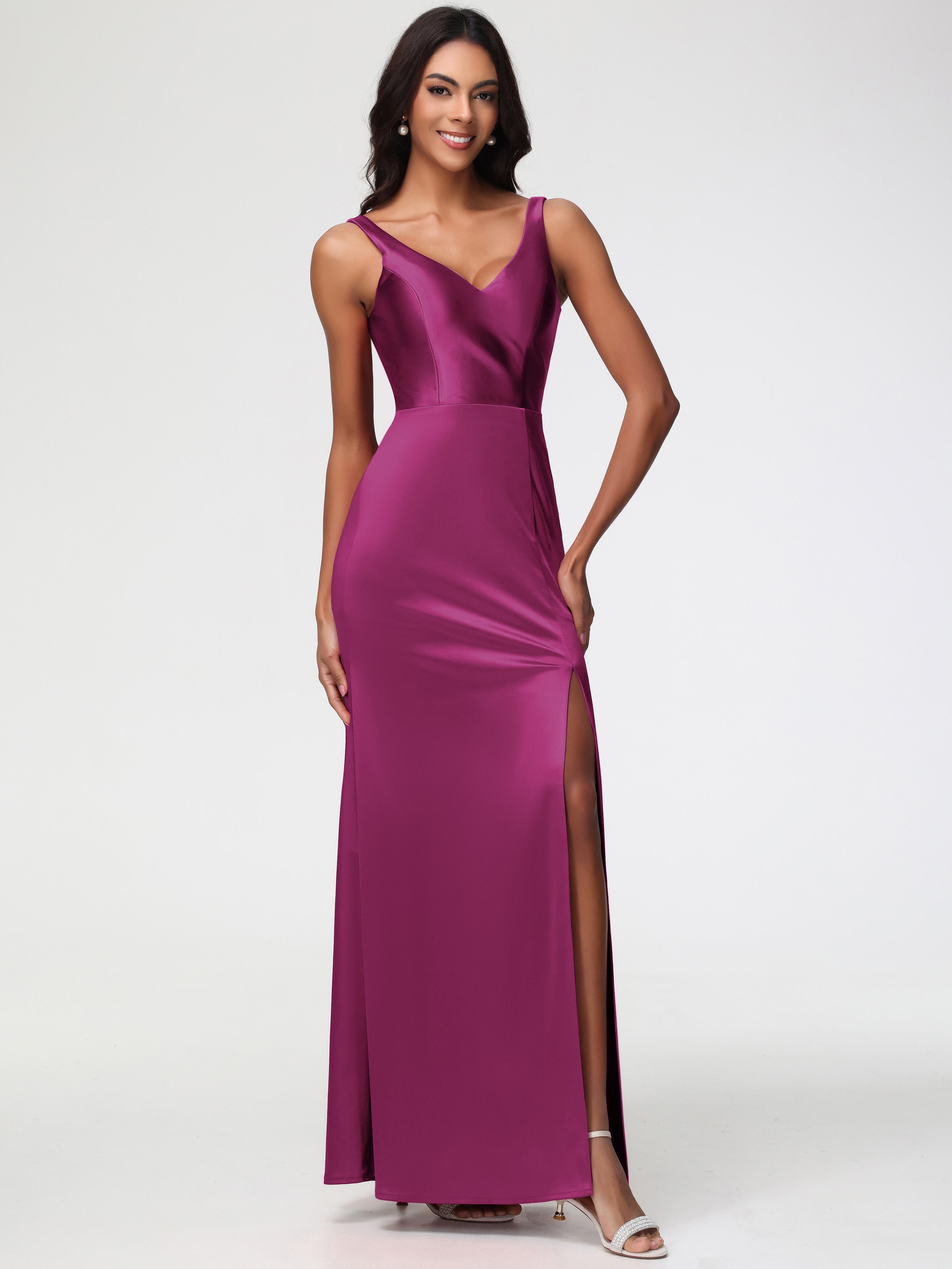 Robe De Demoiselle D Honneur Fuchsia Col V Fourreau/Colonne Satin Extensible Fendue Robe De Demoiselle D'Honneur