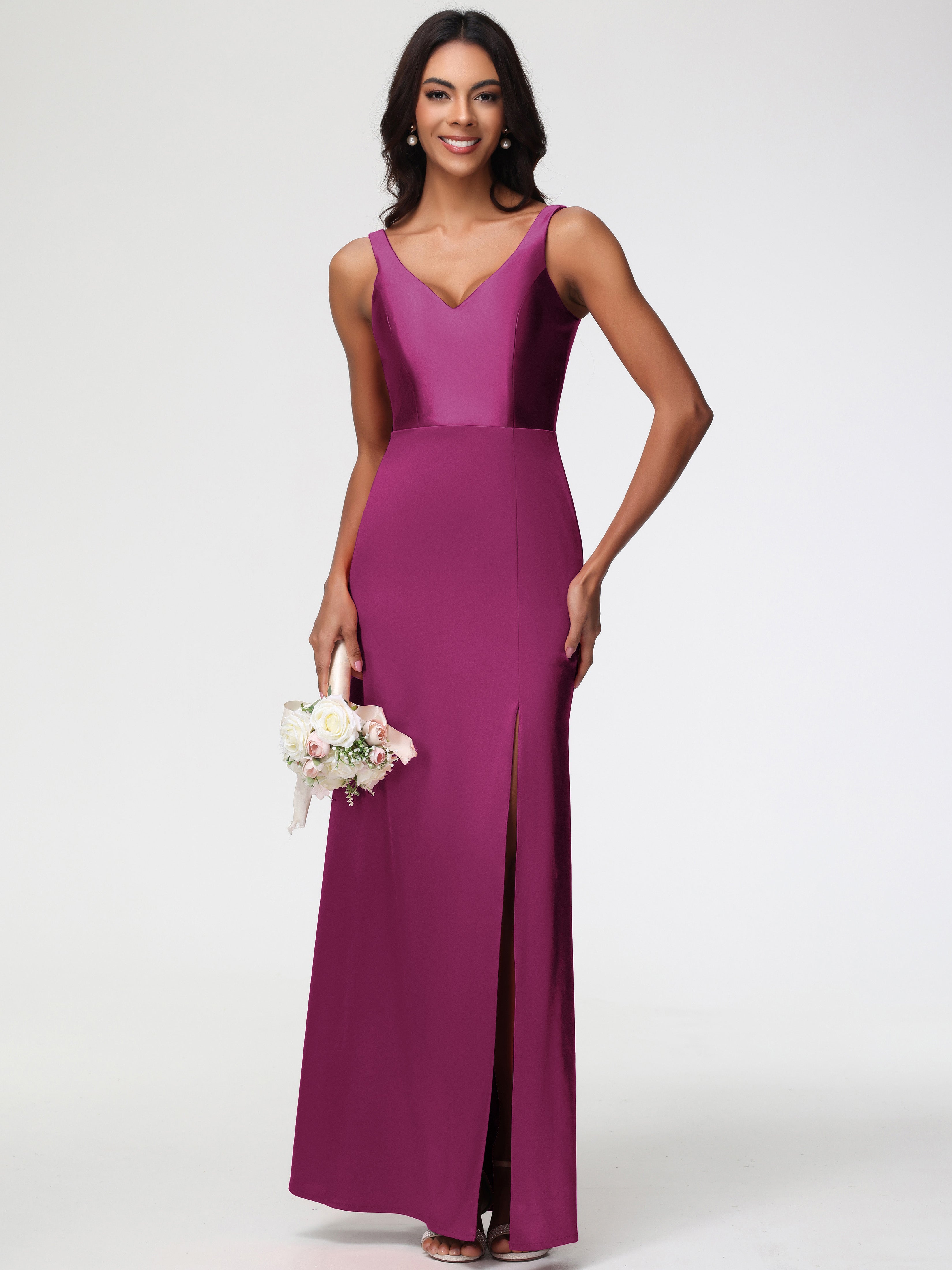 Robe De Demoiselle D Honneur Fuchsia Col V Fourreau/Colonne Satin Extensible Fendue Robe De Demoiselle D'Honneur