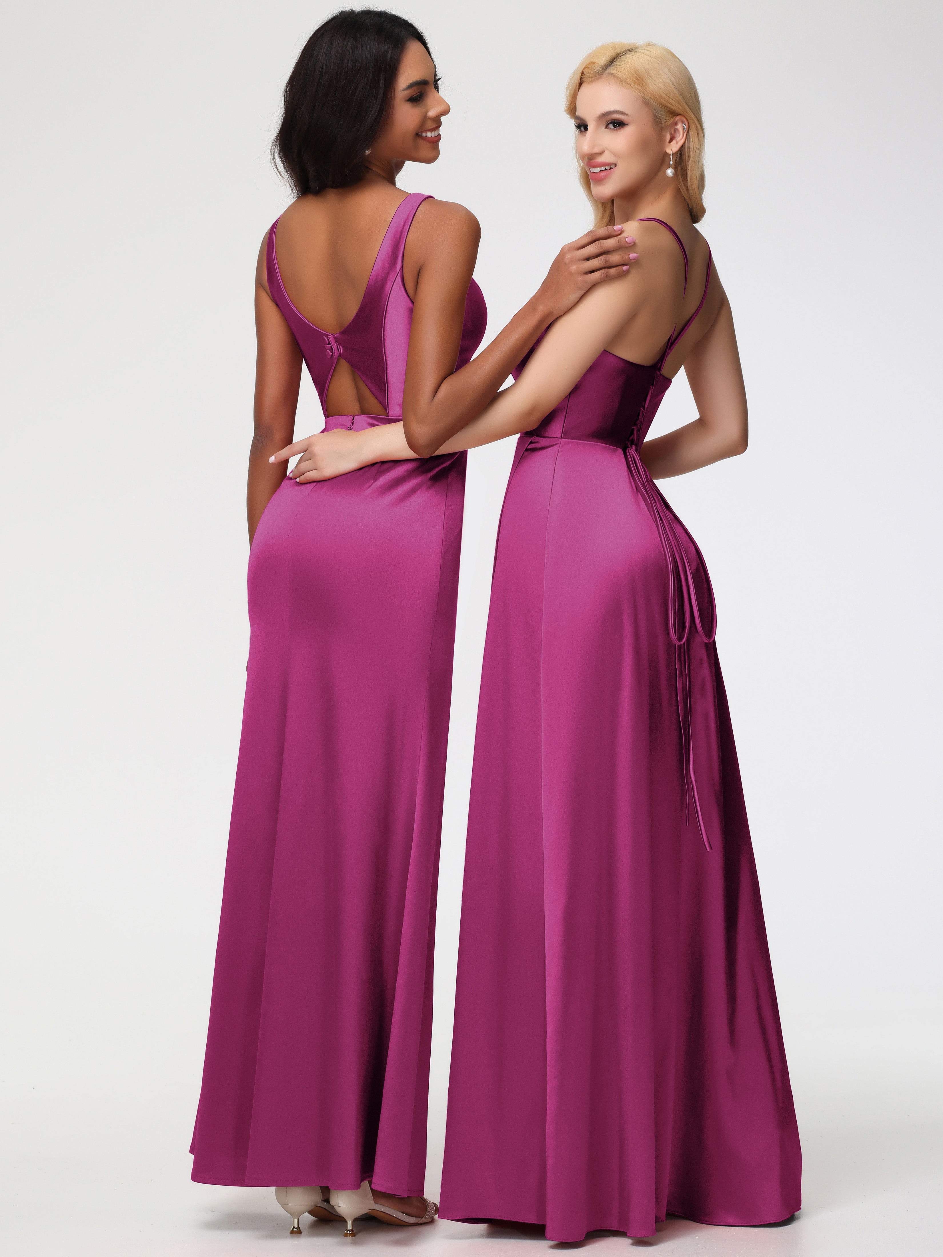 Robe De Demoiselle D Honneur Fuchsia Col V Fourreau/Colonne Satin Extensible Fendue Robe De Demoiselle D'Honneur