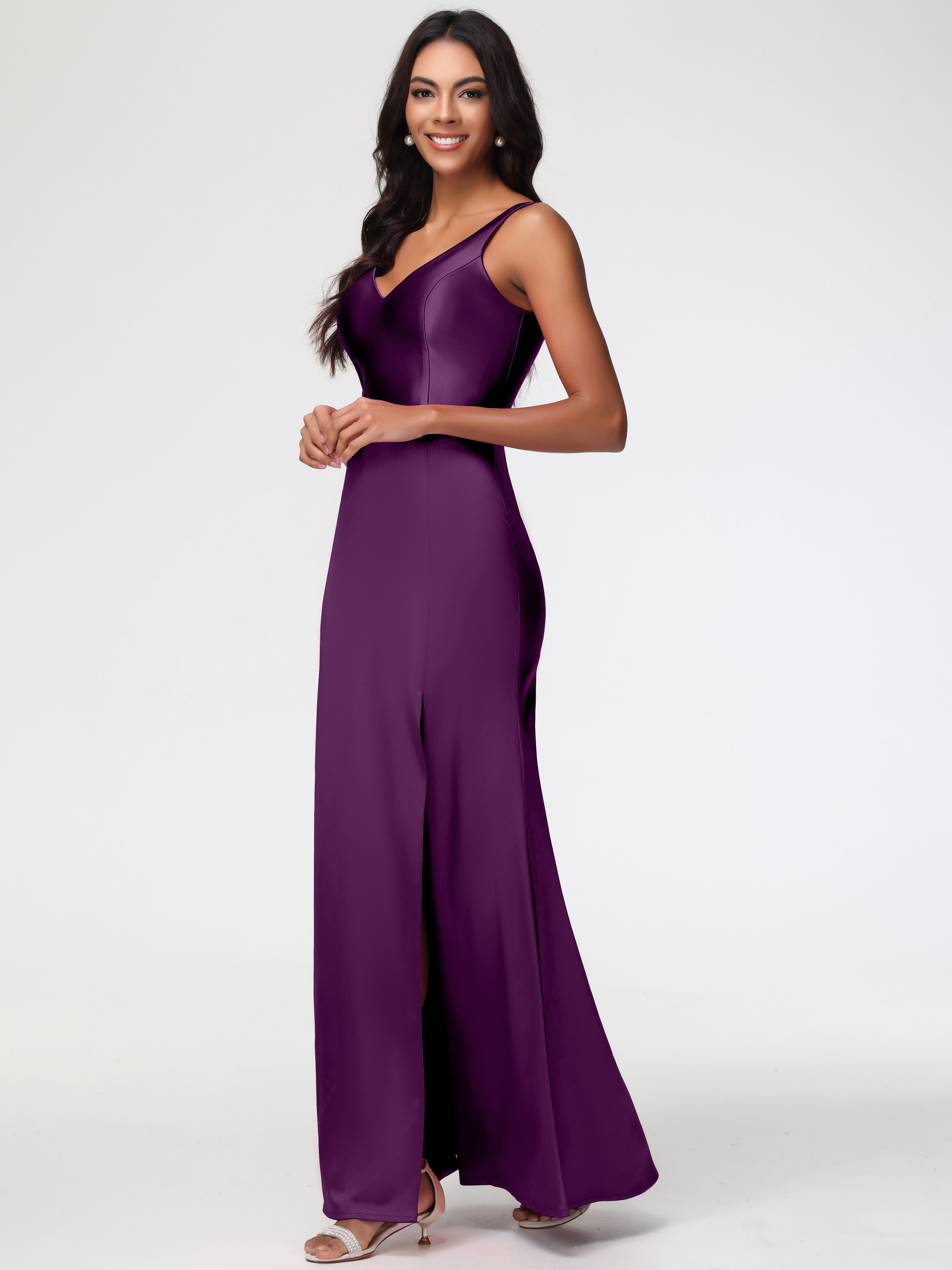 Robes De Demoiselle D'Honneur En Raisin Col V Fourreau/Colonne Satin Extensible Fendue Robe De Demoiselle D'Honneur