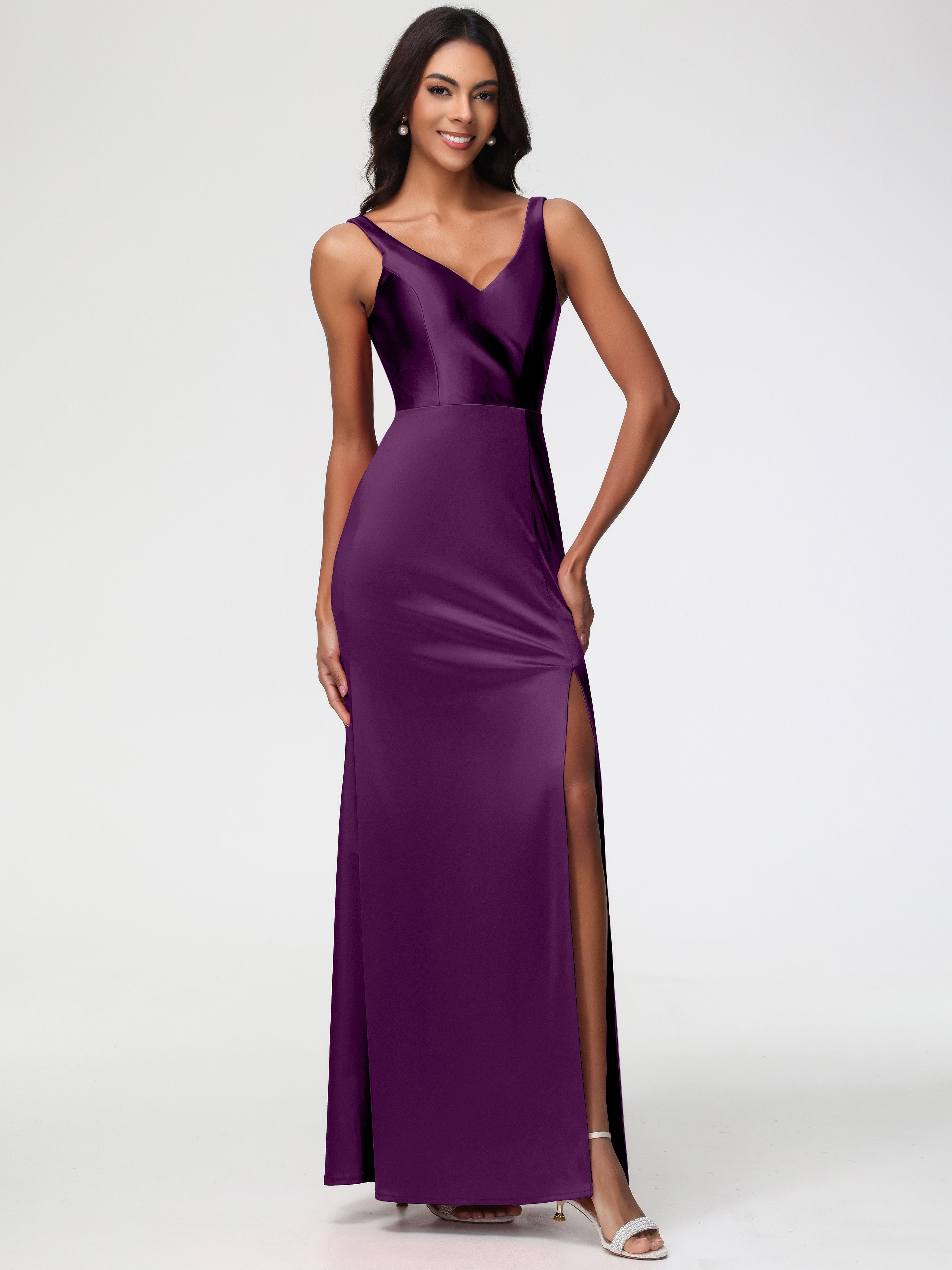 Robes De Demoiselle D'Honneur En Raisin Col V Fourreau/Colonne Satin Extensible Fendue Robe De Demoiselle D'Honneur