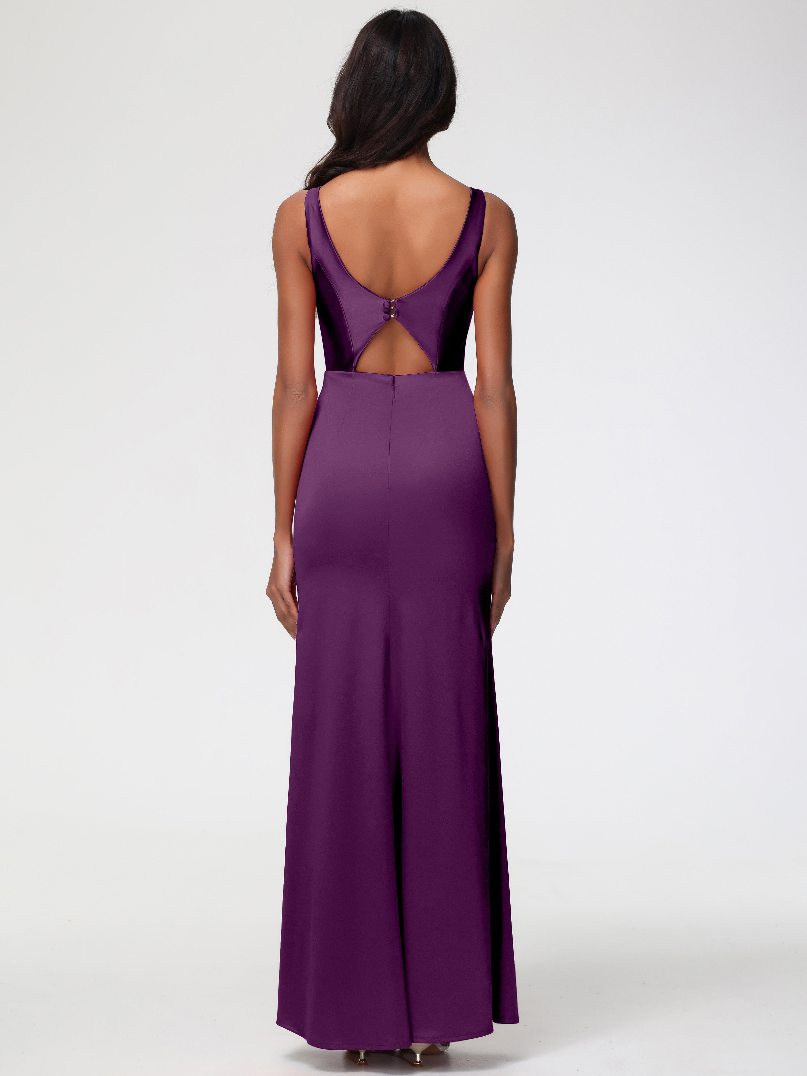 Robes De Demoiselle D'Honneur En Raisin Col V Fourreau/Colonne Satin Extensible Fendue Robe De Demoiselle D'Honneur