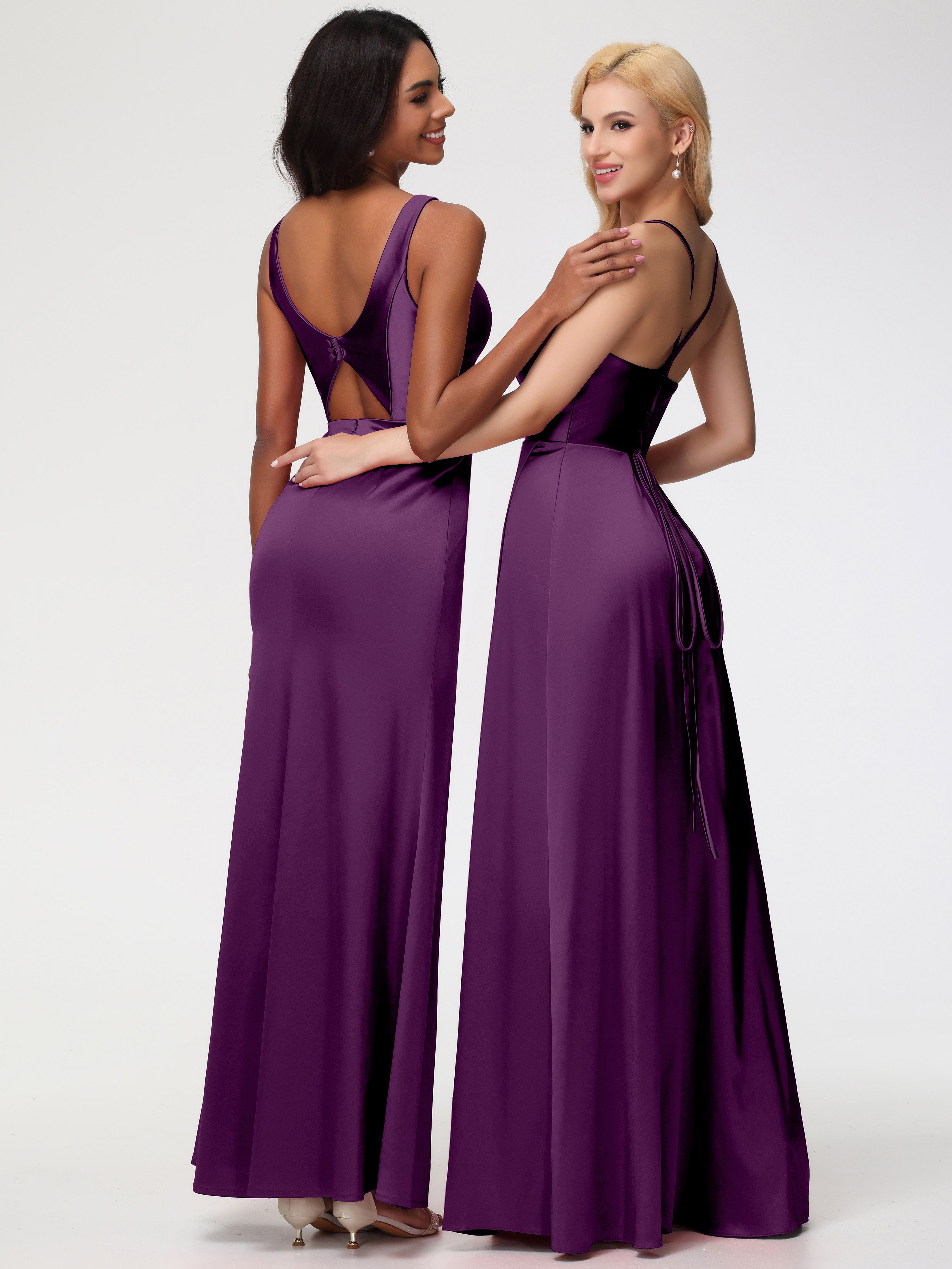 Robes De Demoiselle D'Honneur En Raisin Col V Fourreau/Colonne Satin Extensible Fendue Robe De Demoiselle D'Honneur