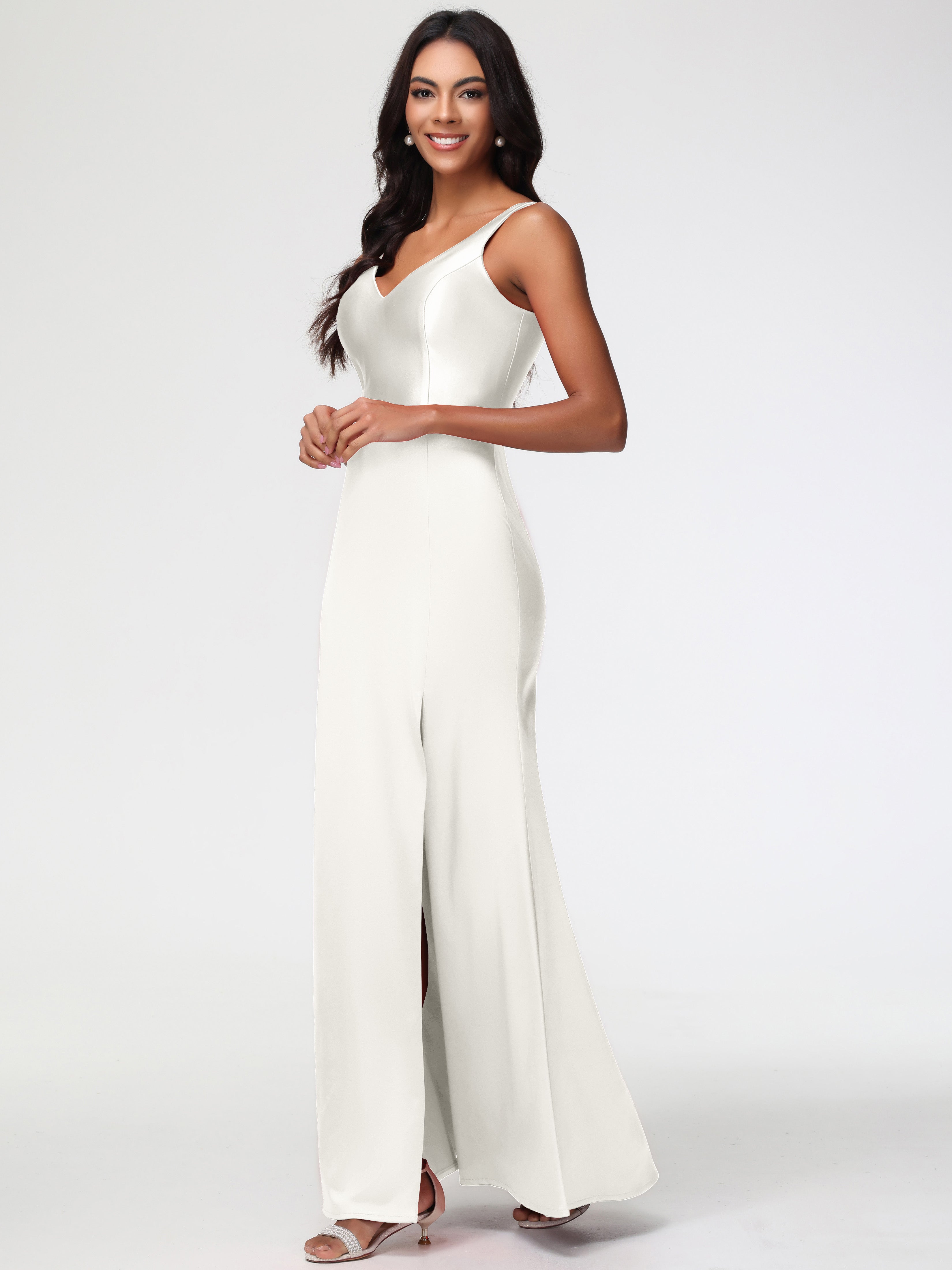 Robe Ivoire Demoiselle D Honneur Col V Fourreau/Colonne Satin Extensible Fendue Robe De Demoiselle D'Honneur
