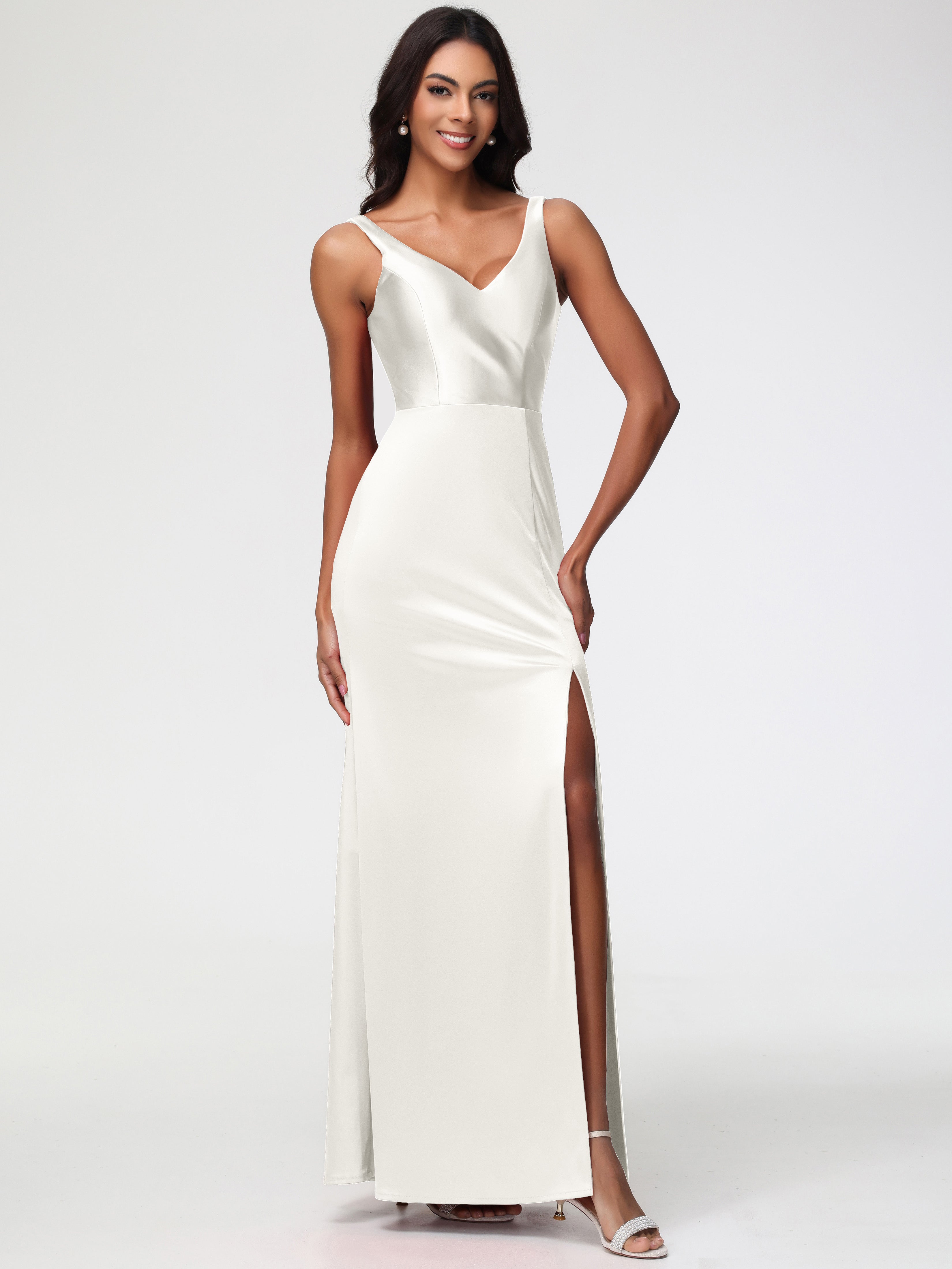 Robe Ivoire Demoiselle D Honneur Col V Fourreau/Colonne Satin Extensible Fendue Robe De Demoiselle D'Honneur