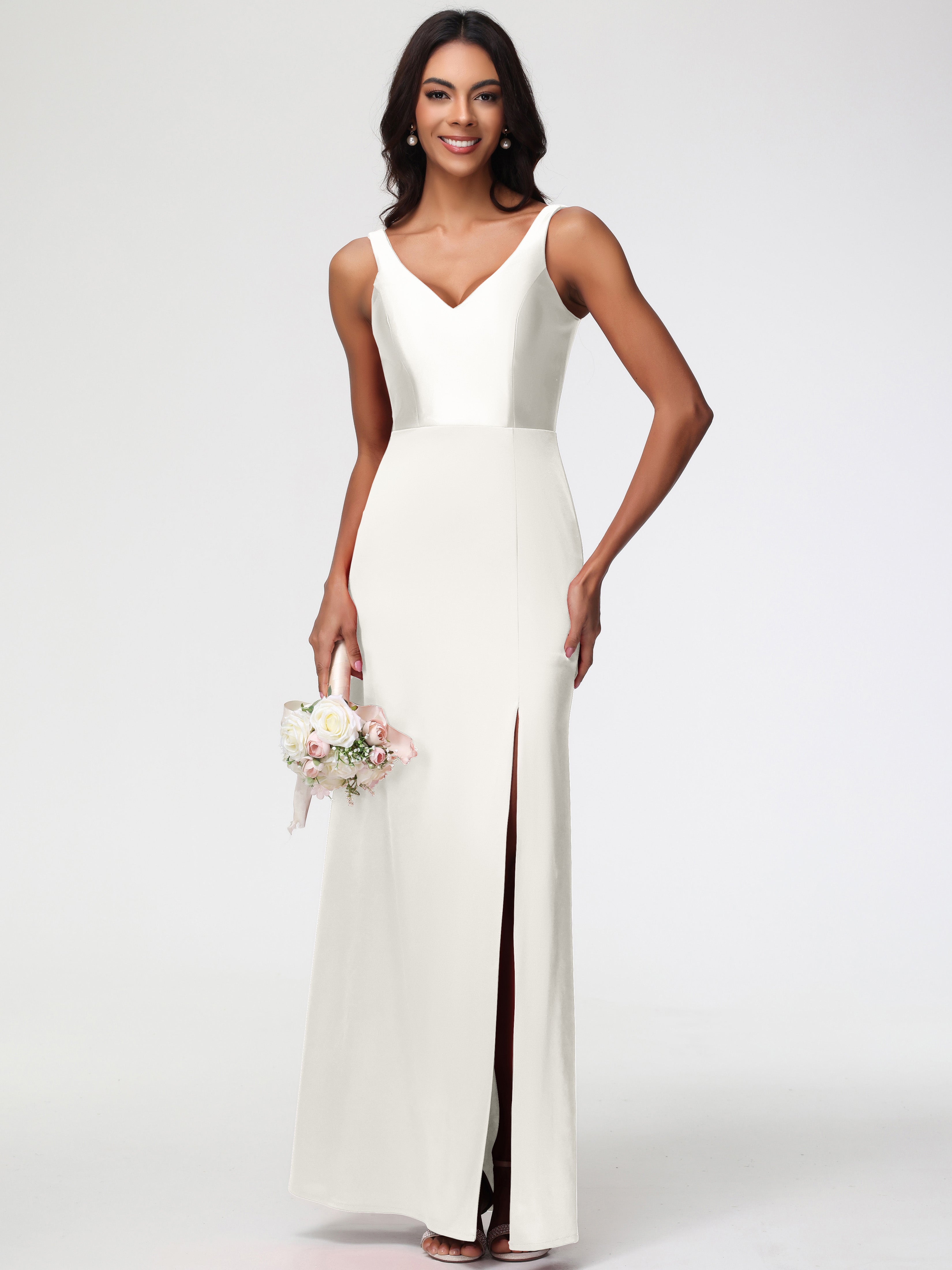 Robe Ivoire Demoiselle D Honneur Col V Fourreau/Colonne Satin Extensible Fendue Robe De Demoiselle D'Honneur