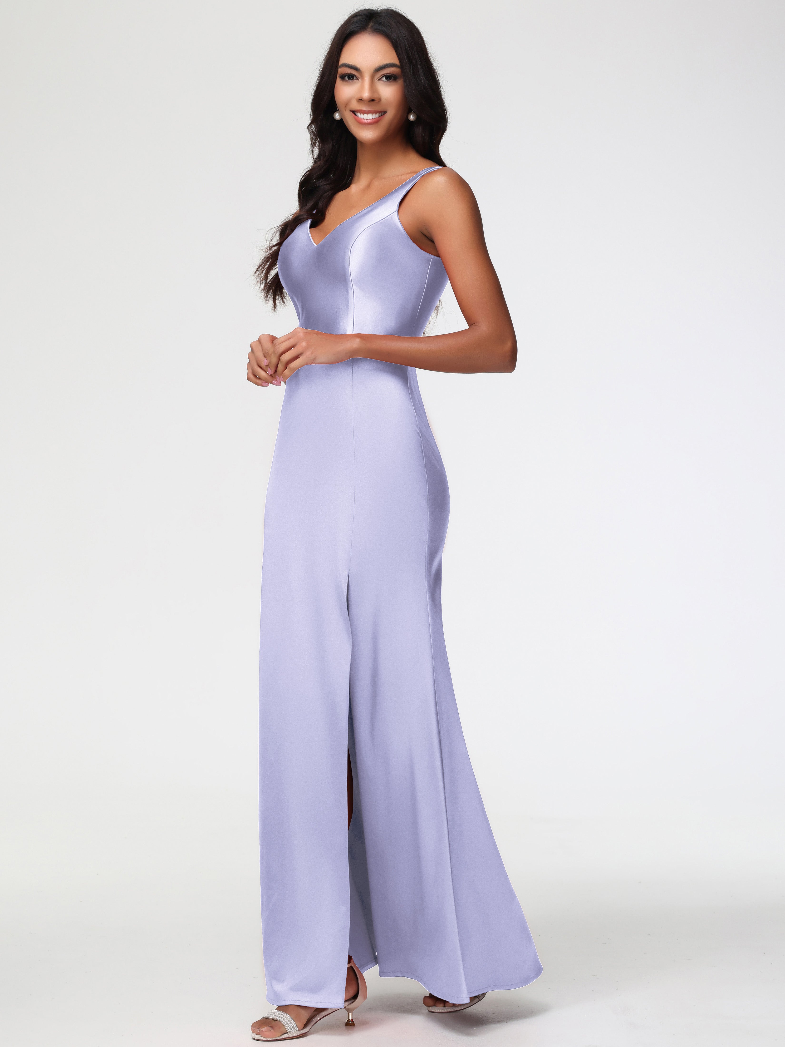 Robe De Demoiselle D'Honneur Lavande Col V Fourreau/Colonne Satin Extensible Fendue Robe De Demoiselle D'Honneur