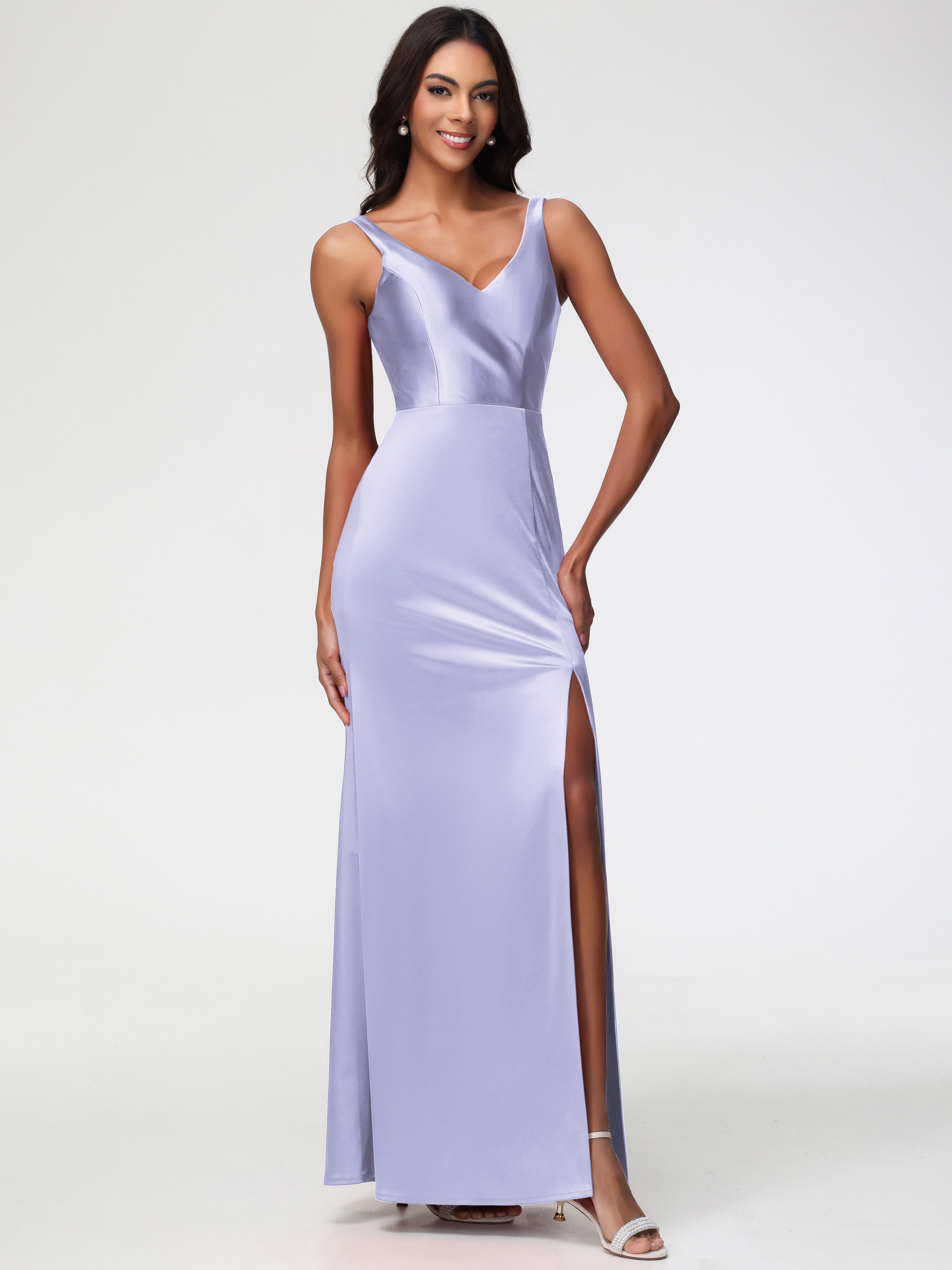 Robe De Demoiselle D'Honneur Lavande Col V Fourreau/Colonne Satin Extensible Fendue Robe De Demoiselle D'Honneur