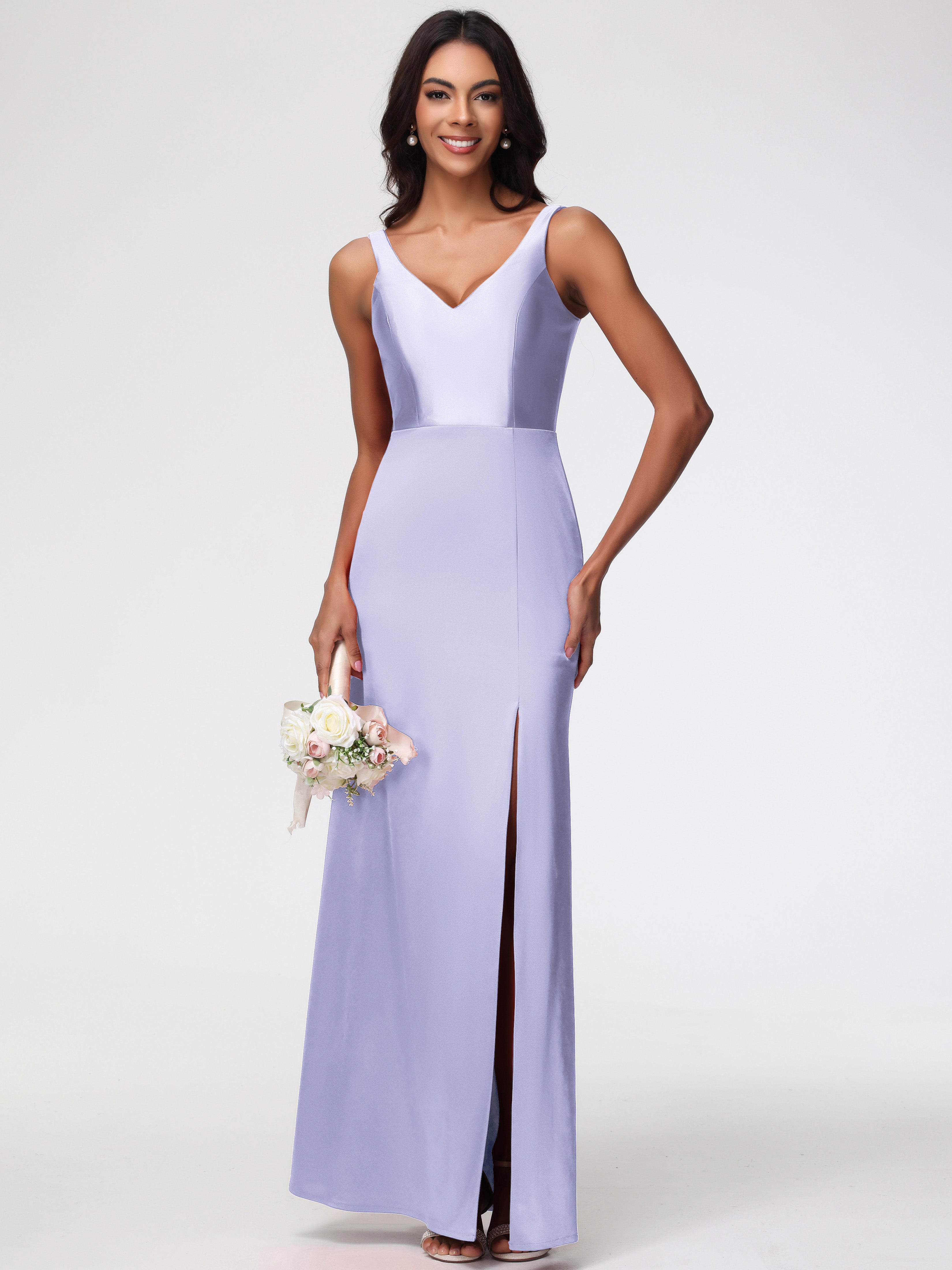 Robe De Demoiselle D'Honneur Lavande Col V Fourreau/Colonne Satin Extensible Fendue Robe De Demoiselle D'Honneur