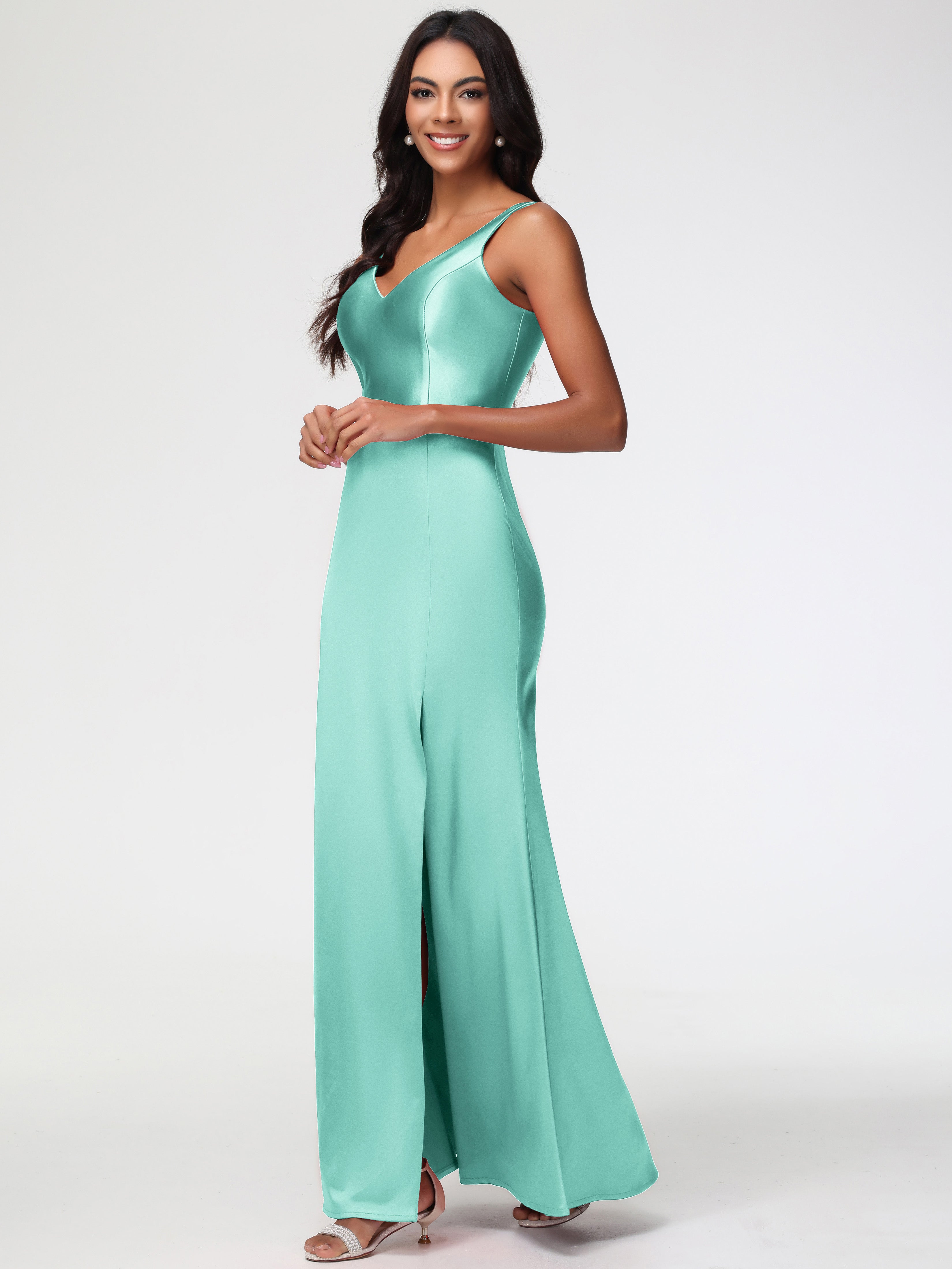 Robe Demoiselle D Honneur Vert Menthe Col V Fourreau/Colonne Satin Extensible Fendue Robe De Demoiselle D'Honneur