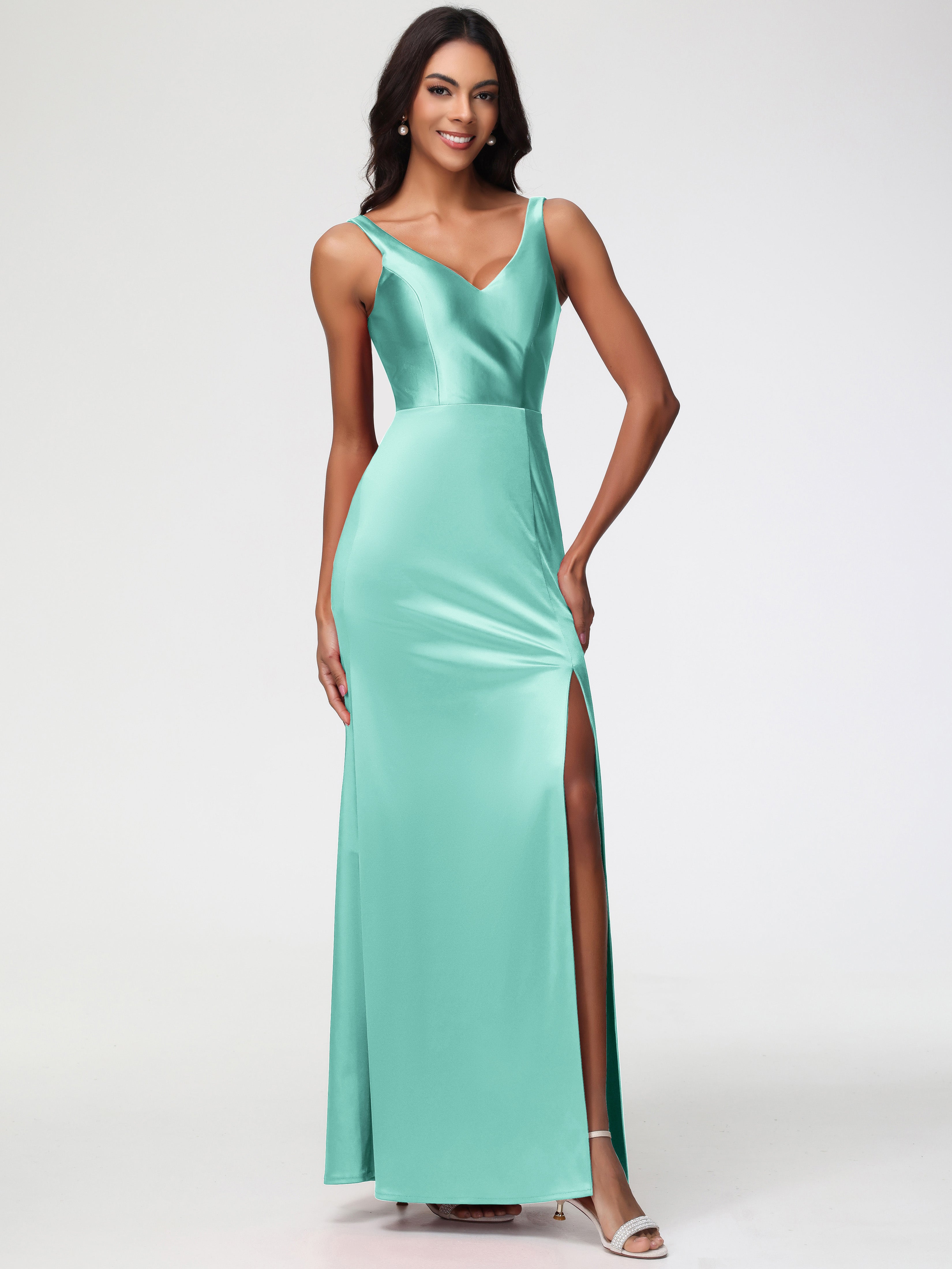 Robe Demoiselle D Honneur Vert Menthe Col V Fourreau/Colonne Satin Extensible Fendue Robe De Demoiselle D'Honneur