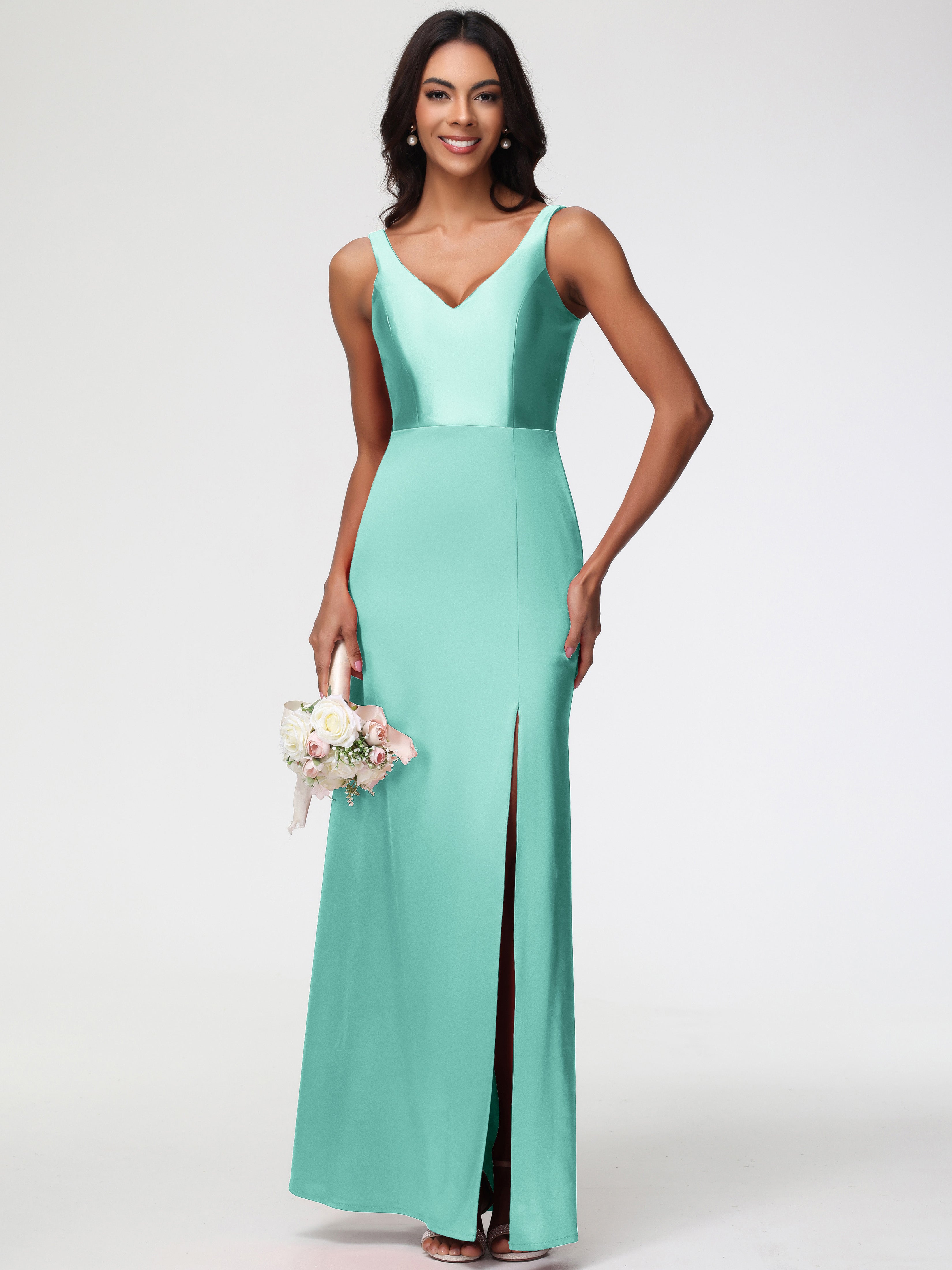 Robe Demoiselle D Honneur Vert Menthe Col V Fourreau/Colonne Satin Extensible Fendue Robe De Demoiselle D'Honneur
