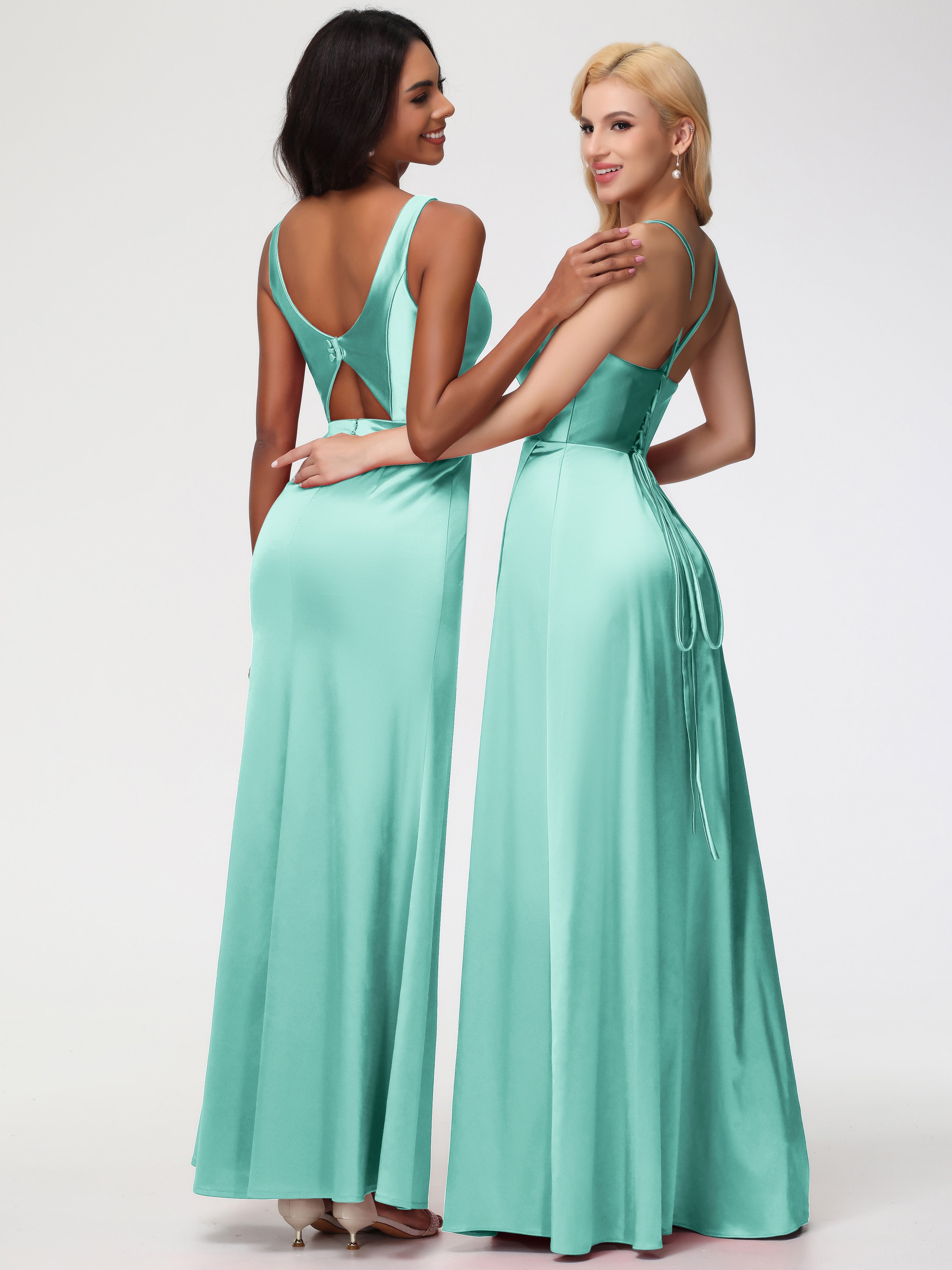 Robe Demoiselle D Honneur Vert Menthe Col V Fourreau/Colonne Satin Extensible Fendue Robe De Demoiselle D'Honneur