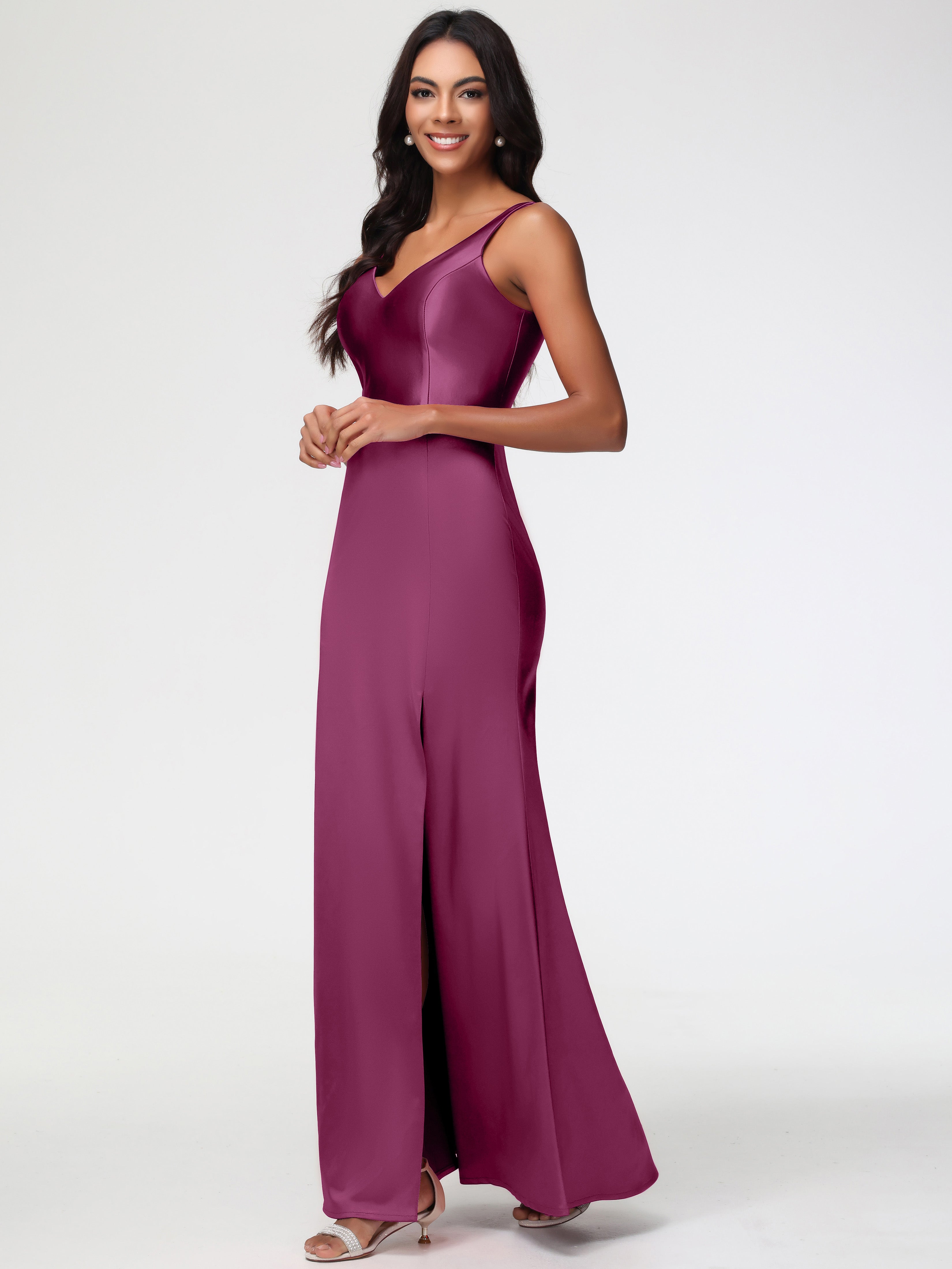 Robes De Demoiselle D'Honneur Mure Col V Fourreau/Colonne Satin Extensible Fendue Robe De Demoiselle D'Honneur