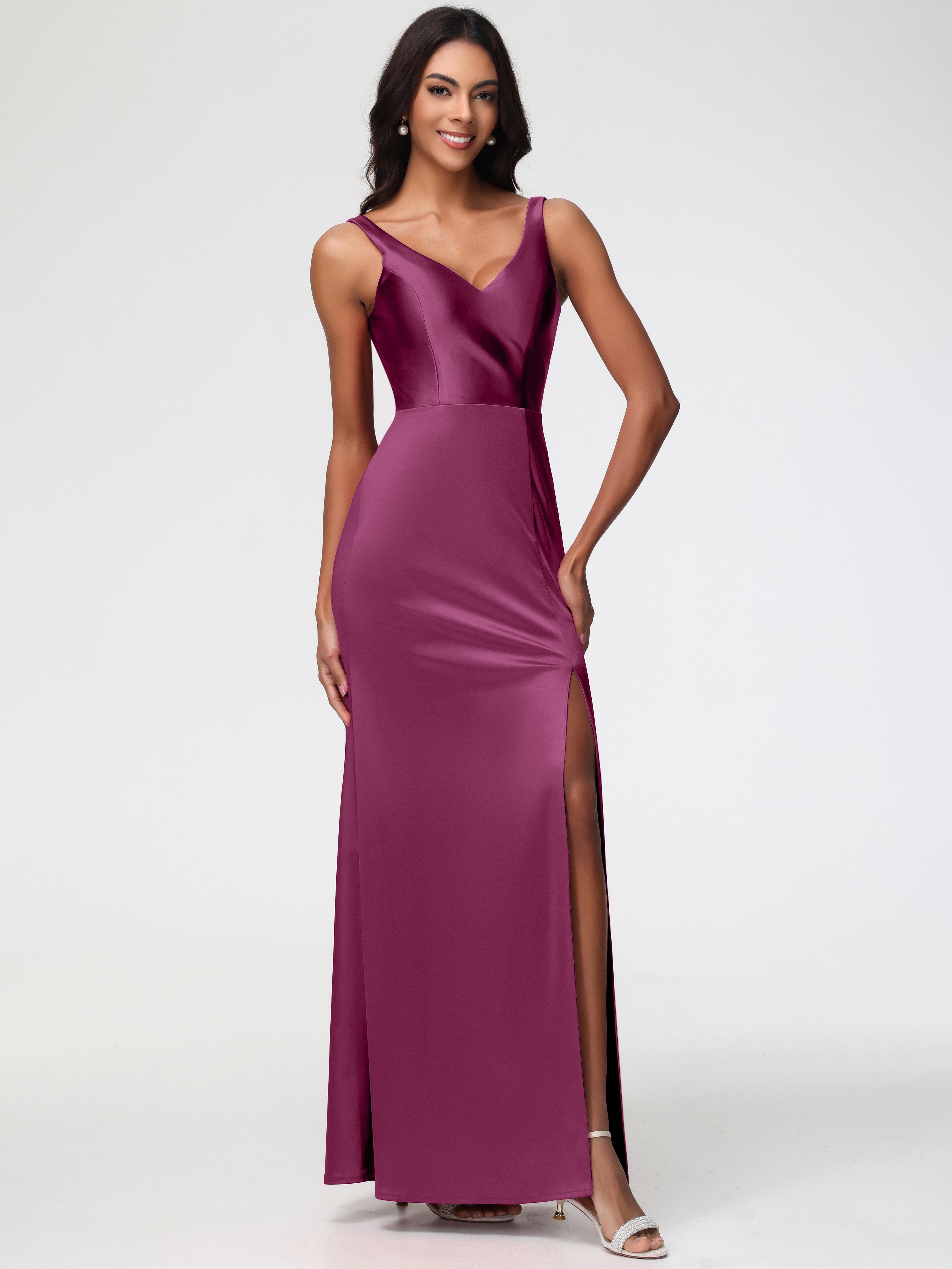 Robes De Demoiselle D'Honneur Mure Col V Fourreau/Colonne Satin Extensible Fendue Robe De Demoiselle D'Honneur