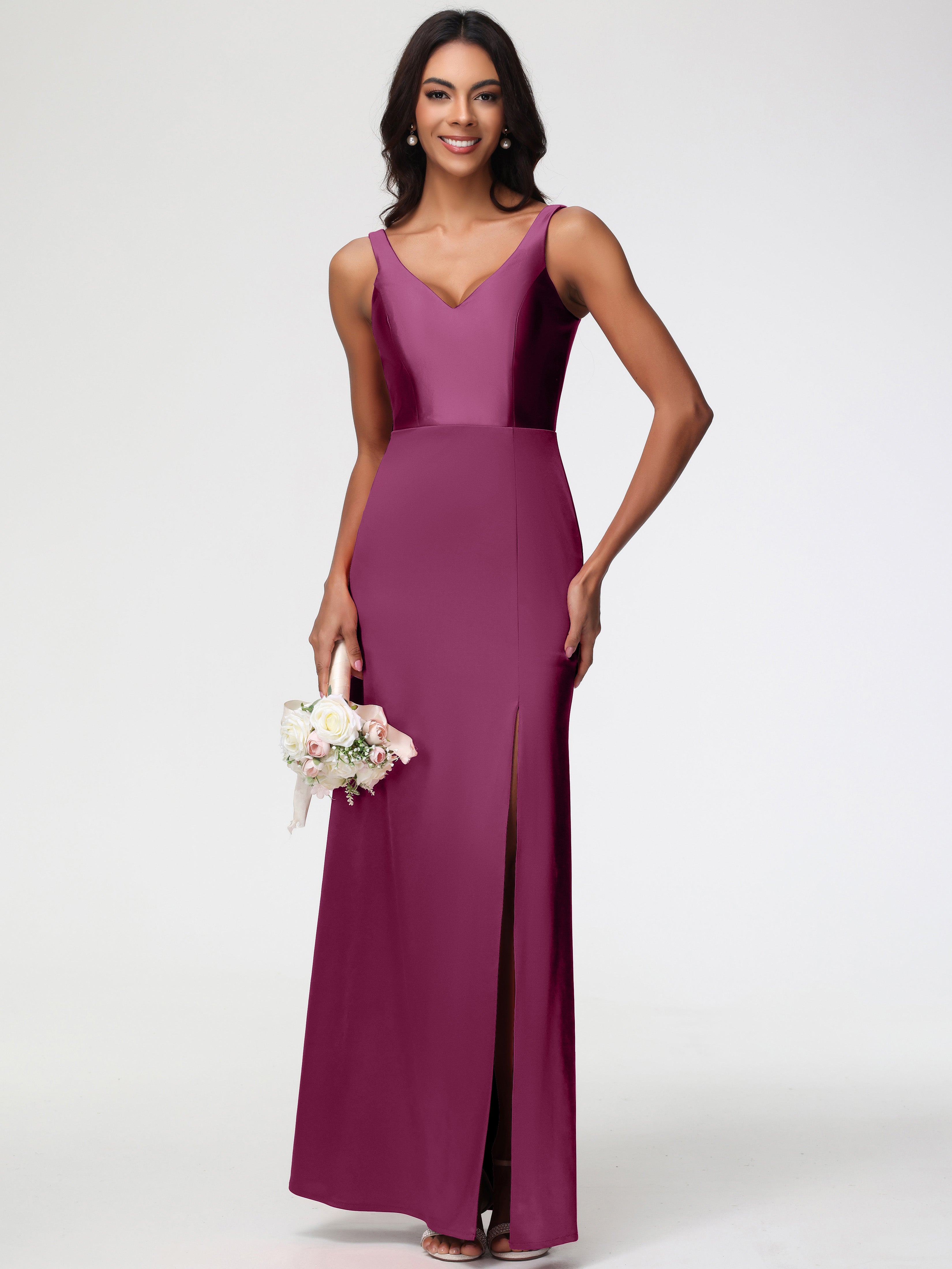 Robes De Demoiselle D'Honneur Mure Col V Fourreau/Colonne Satin Extensible Fendue Robe De Demoiselle D'Honneur