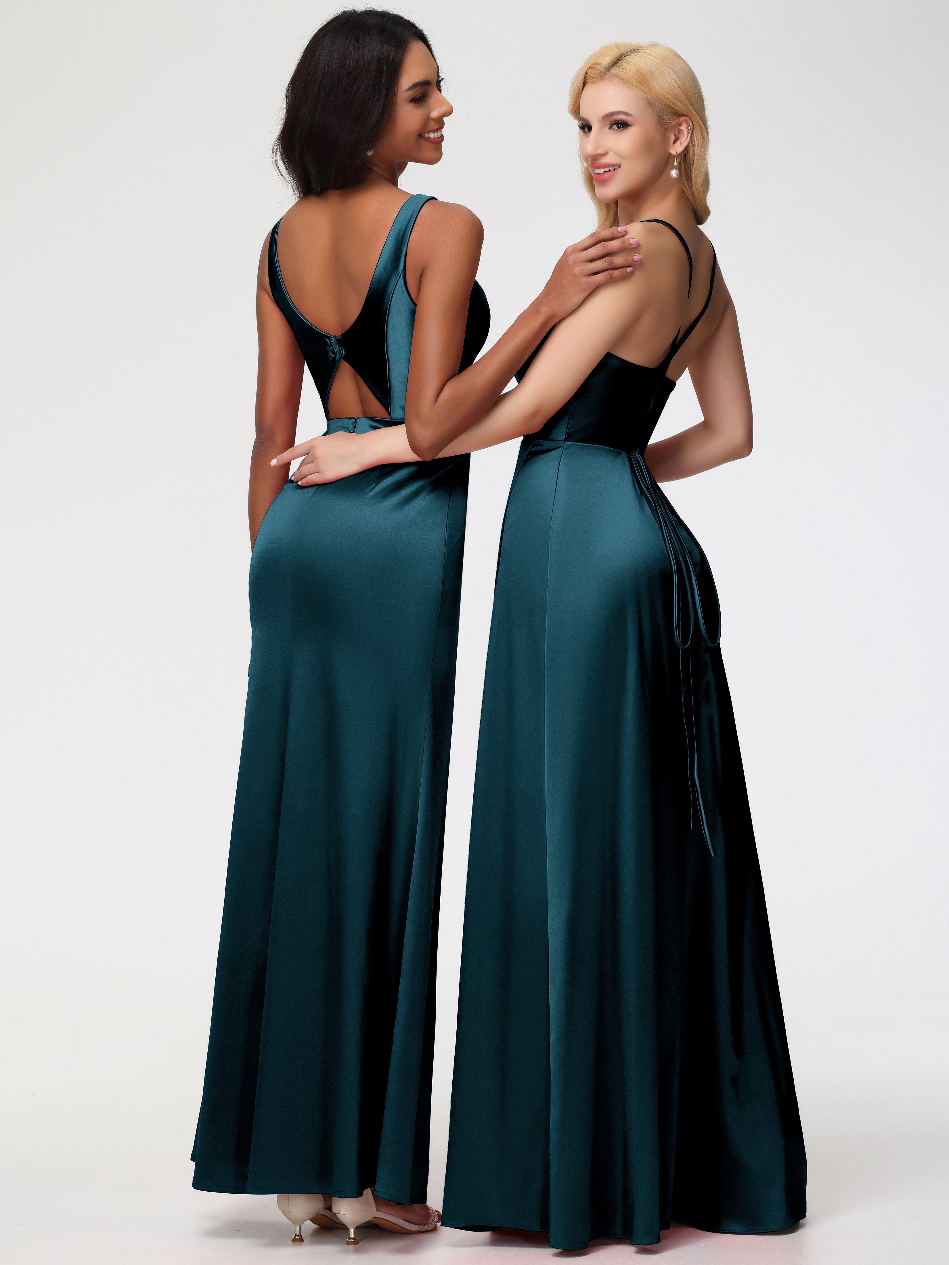 Robes De Demoiselle D'Honneur Couleur Paon Bon Marché Col V Fourreau/Colonne Satin Extensible Fendue Robe De Demoiselle D'Honneur
