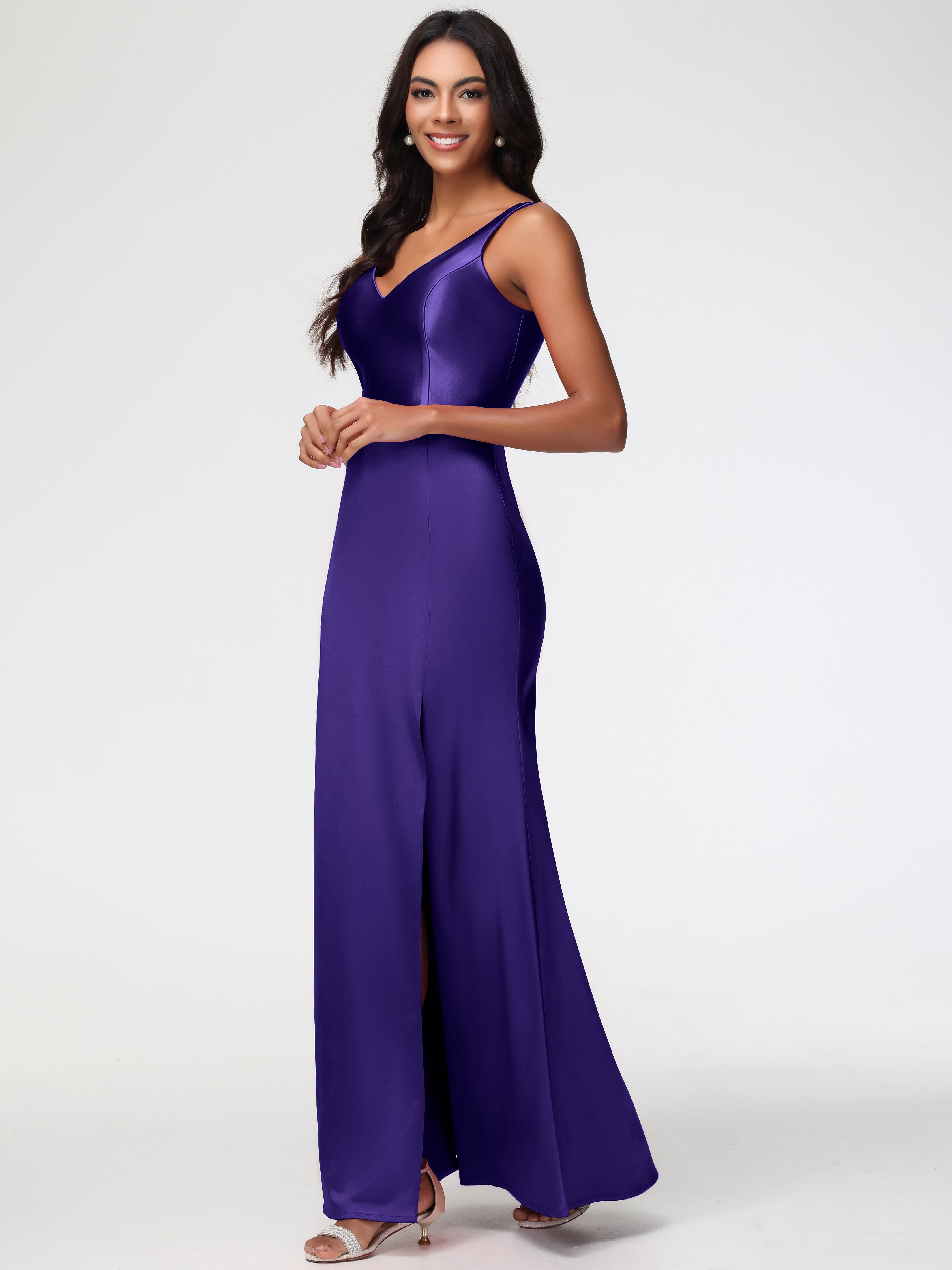 Robes De Demoiselle D'Honneur Régence Col V Fourreau/Colonne Satin Extensible Fendue Robe De Demoiselle D'Honneur