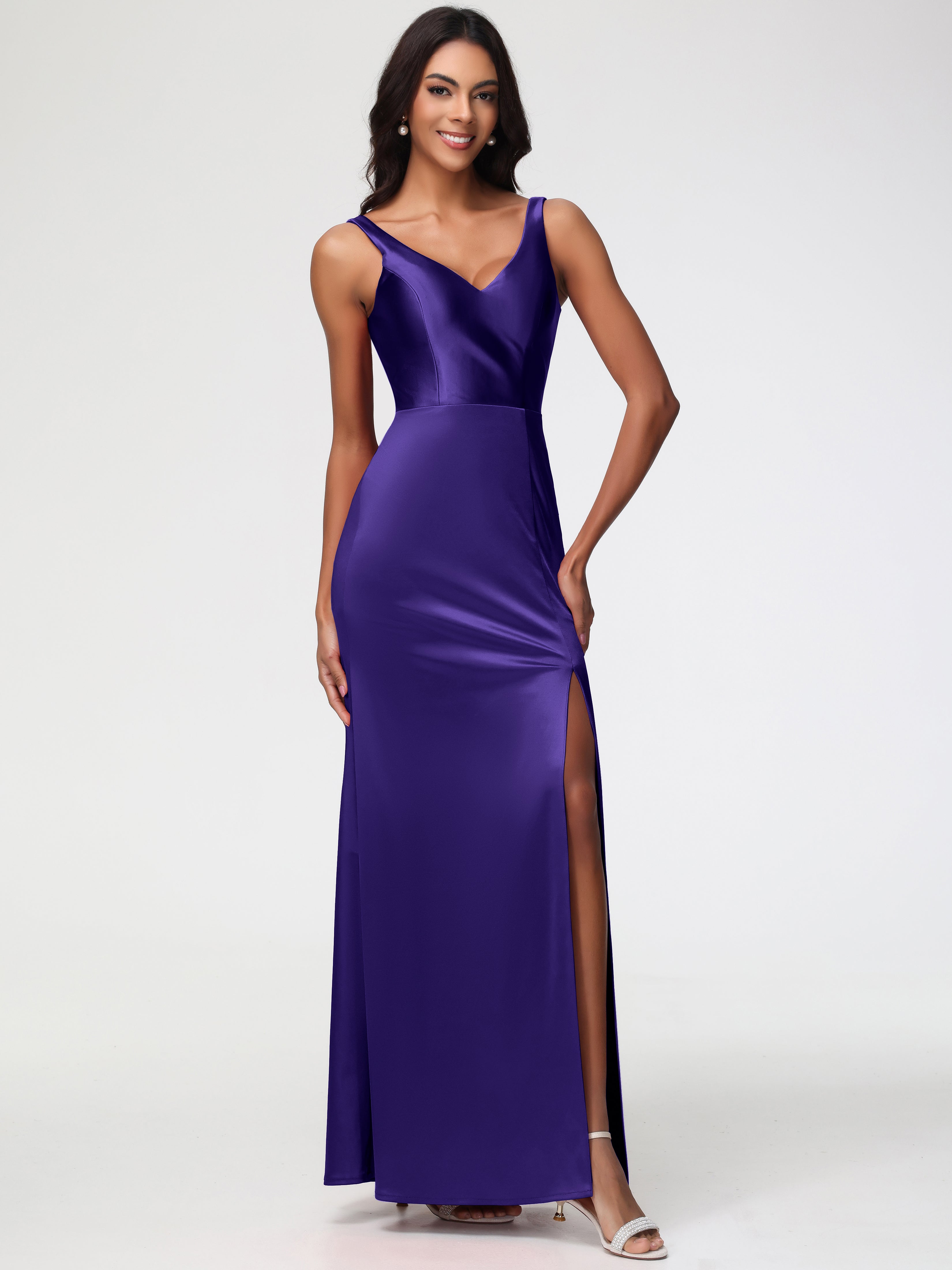 Robes De Demoiselle D'Honneur Régence Col V Fourreau/Colonne Satin Extensible Fendue Robe De Demoiselle D'Honneur