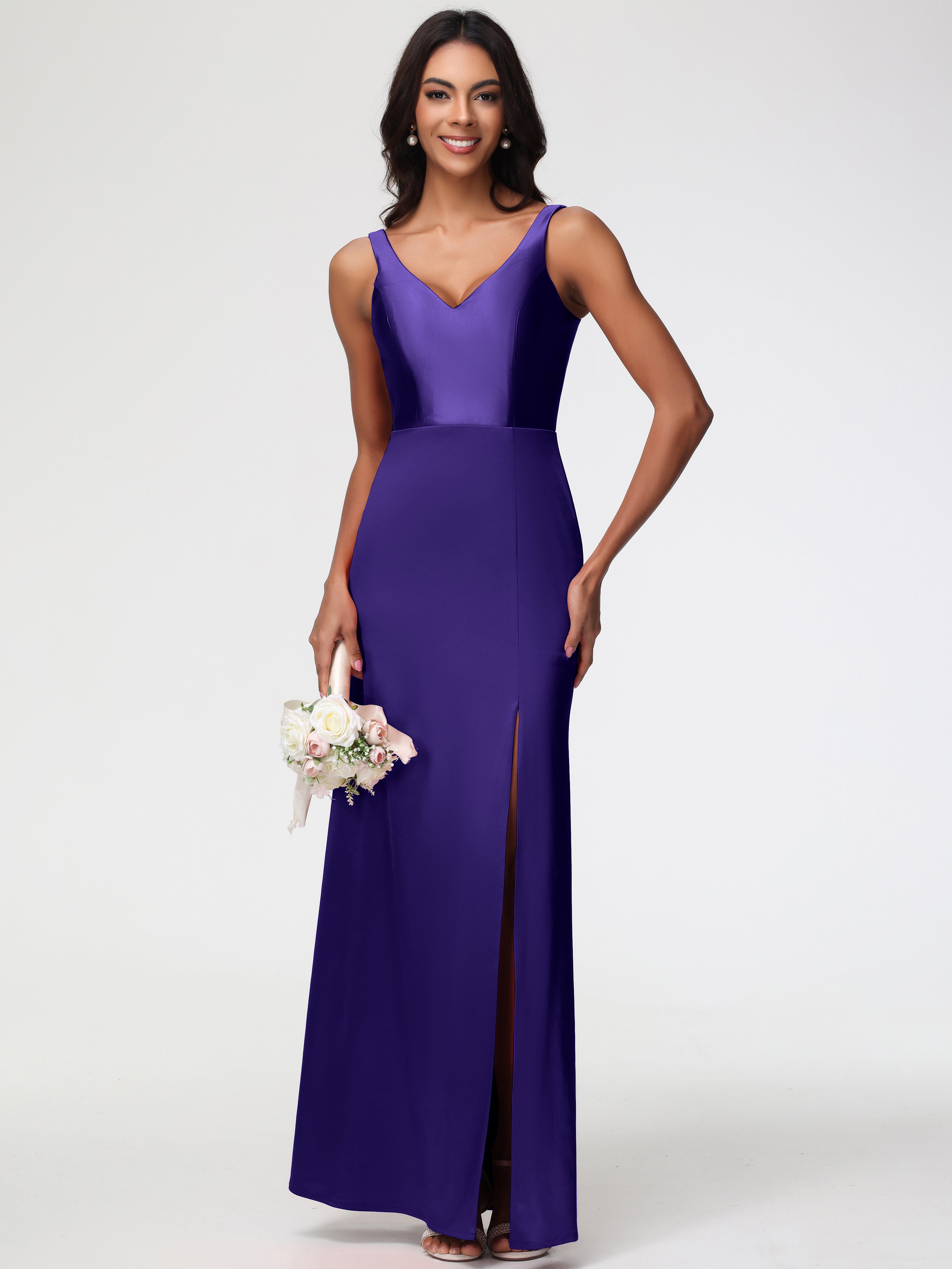 Robes De Demoiselle D'Honneur Régence Col V Fourreau/Colonne Satin Extensible Fendue Robe De Demoiselle D'Honneur