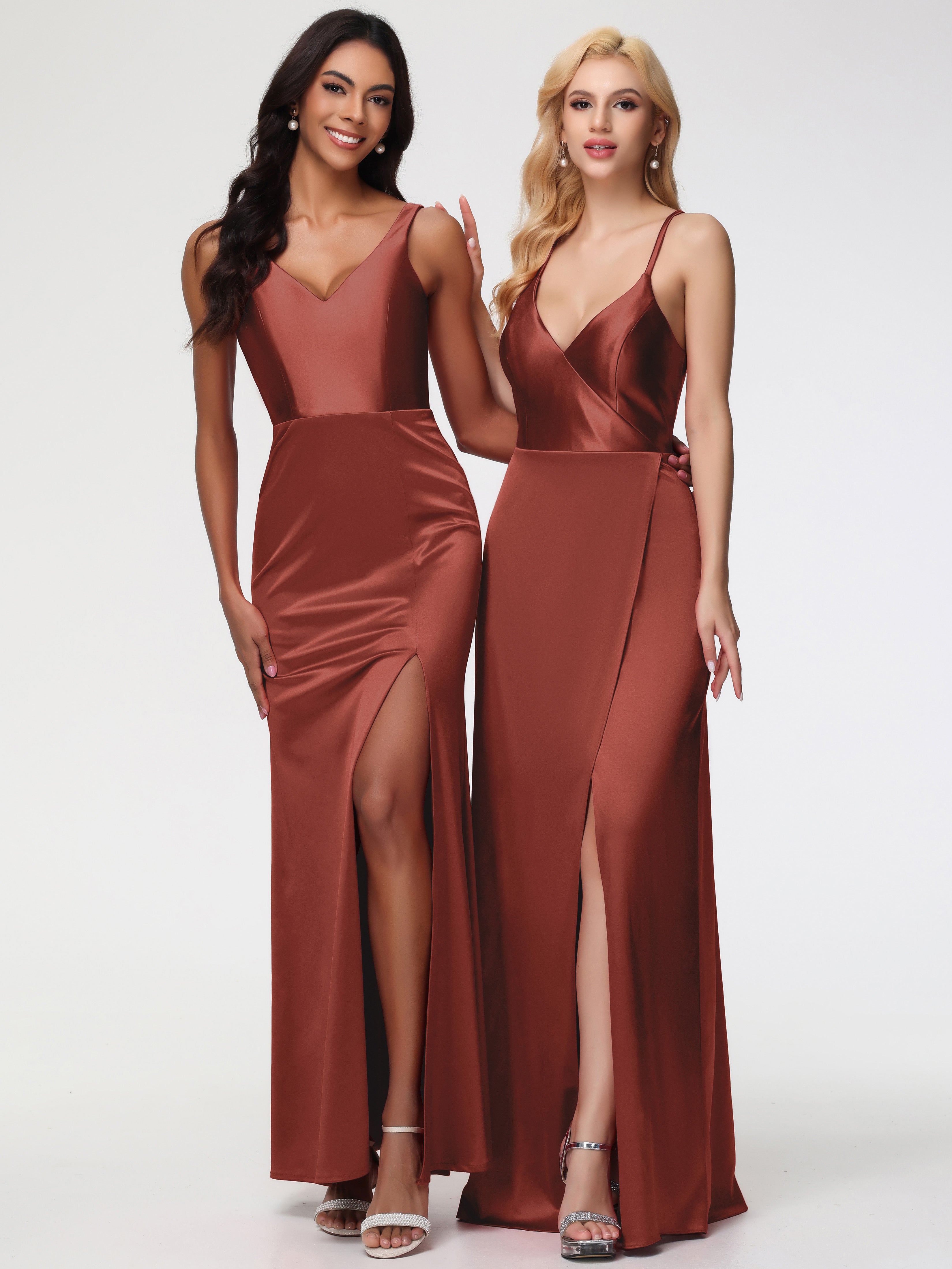Robes De Demoiselle D'Honneur Couleur Rouille Col V Fourreau/Colonne Satin Extensible Fendue Robe De Demoiselle D'Honneur
